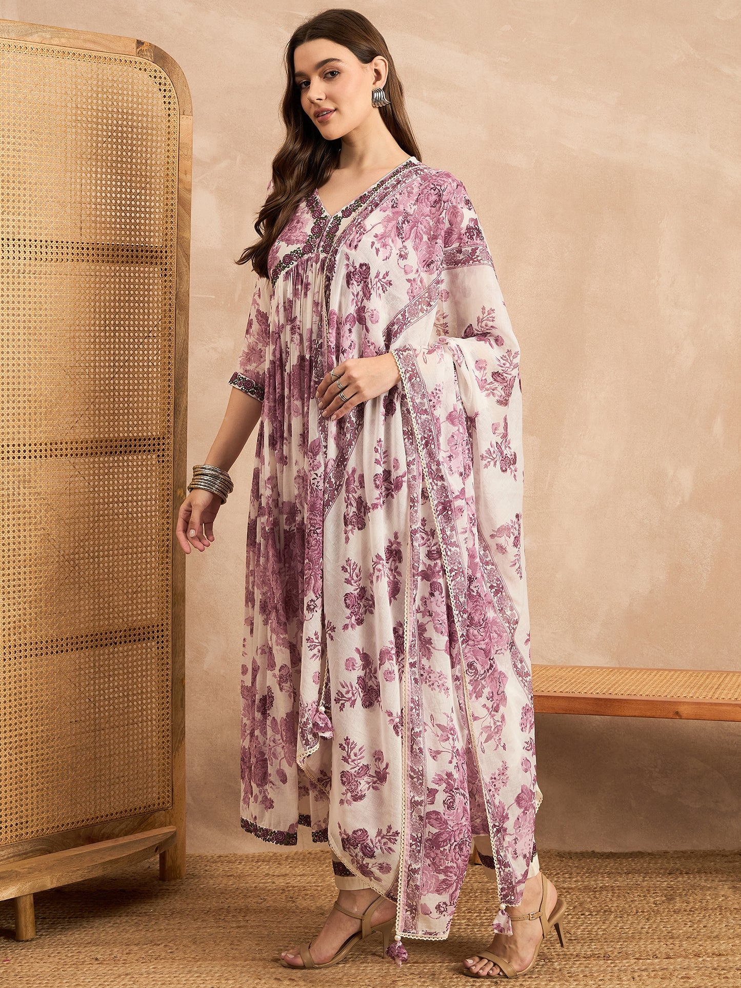 Floral Printed Empire Sequinned Anarkali Kurta with Trousers & Dupatta