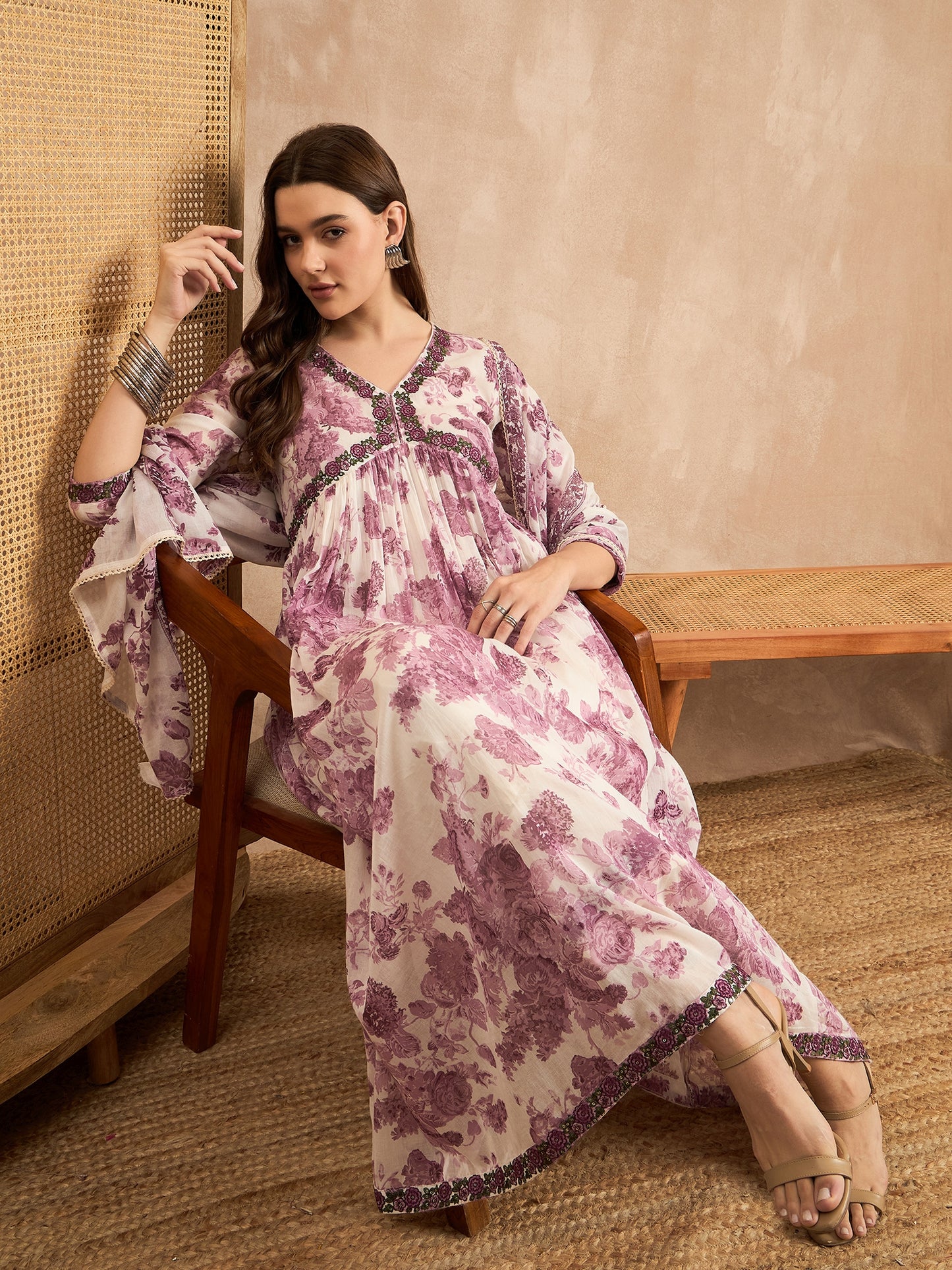 Floral Printed Empire Sequinned Anarkali Kurta with Trousers & Dupatta