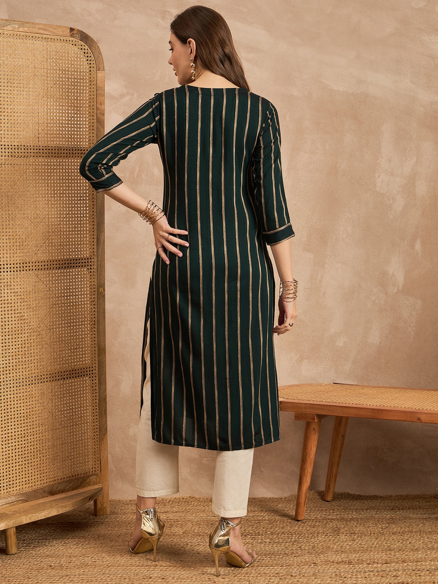 Striped V-Neck Thread Work Straight Kurta