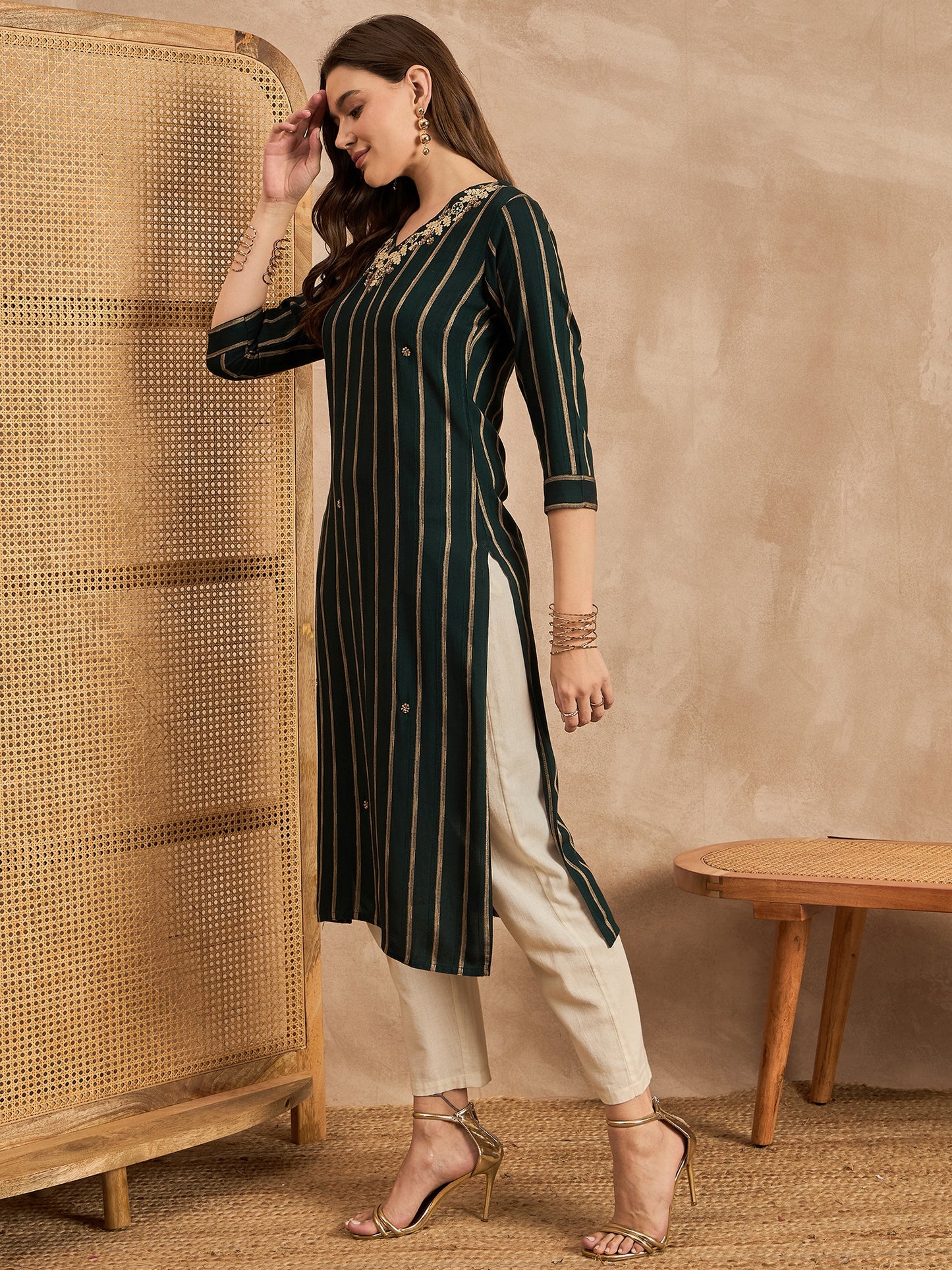 Striped V-Neck Thread Work Straight Kurta