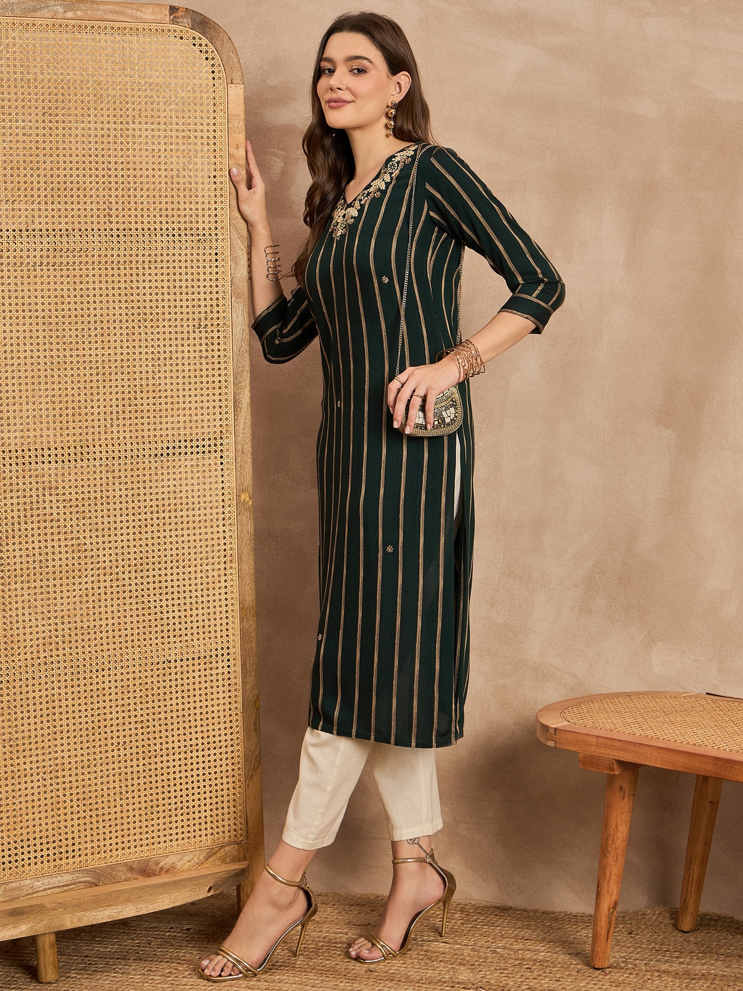 Striped V-Neck Thread Work Straight Kurta