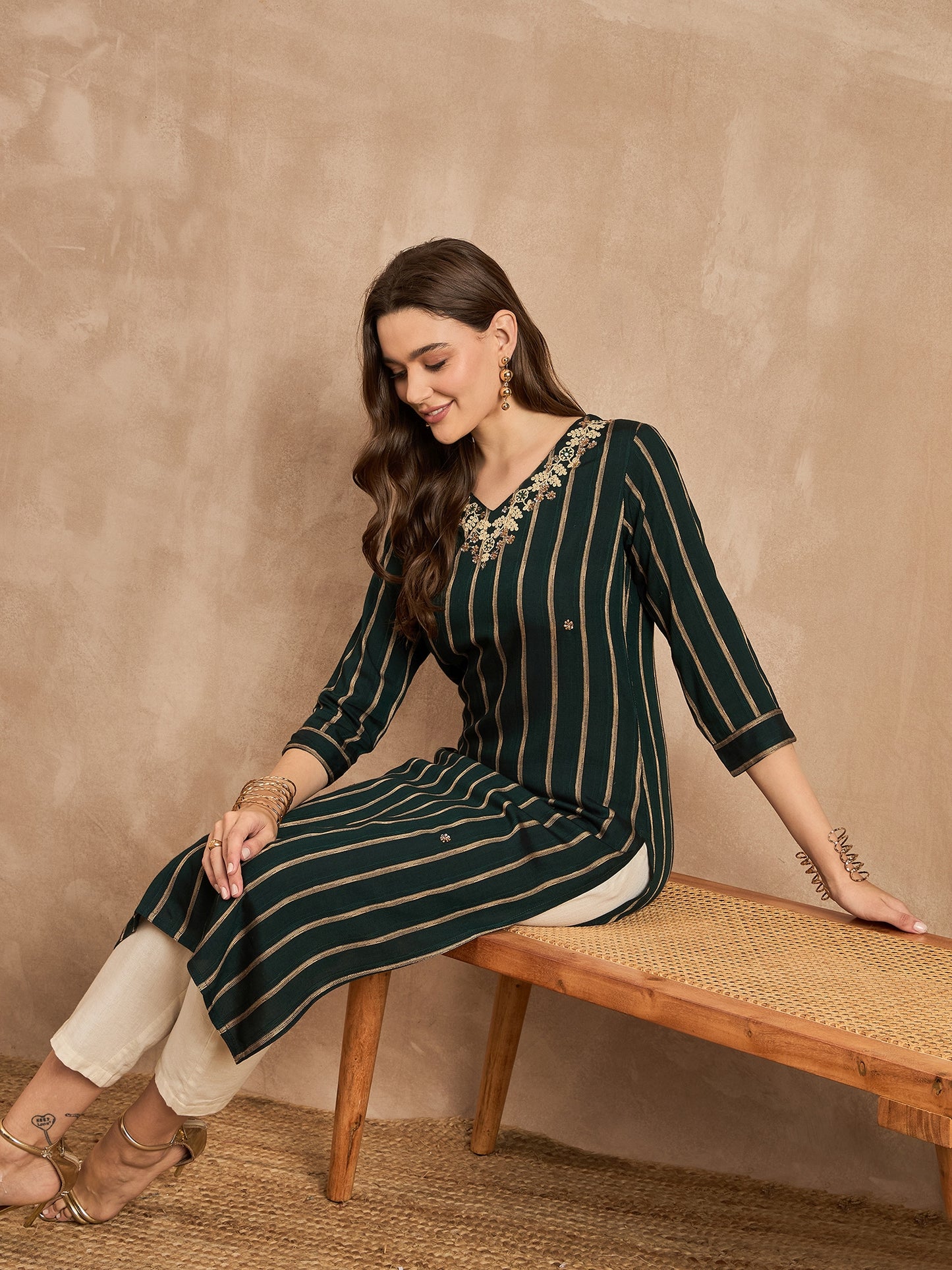 Striped V-Neck Thread Work Straight Kurta