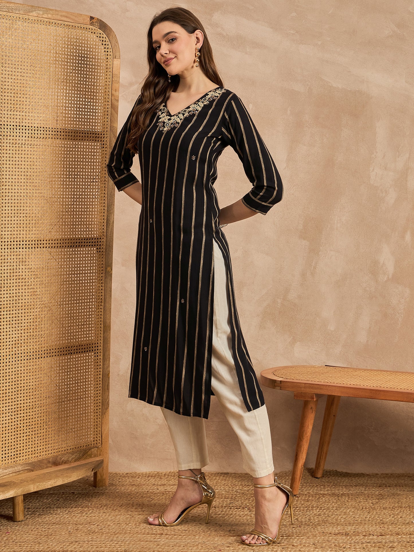 Striped V-Neck Thread Work Straight Kurta
