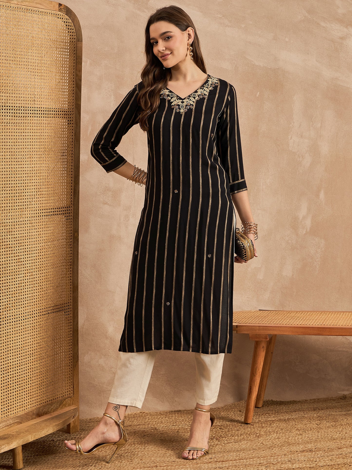 Striped V-Neck Thread Work Straight Kurta