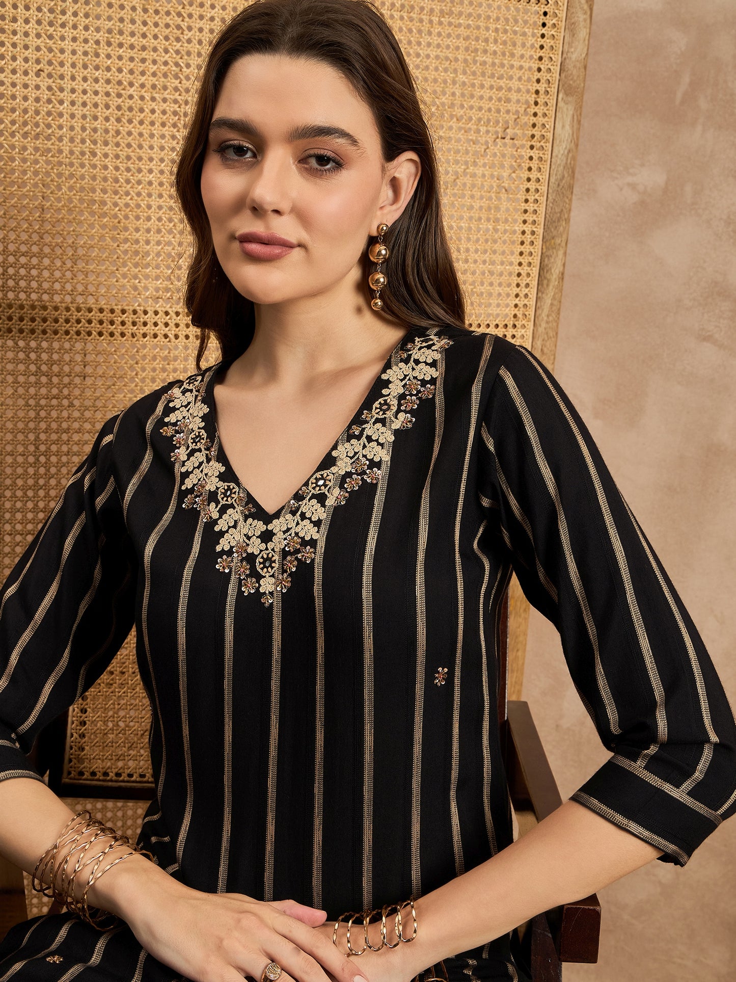 Striped V-Neck Thread Work Straight Kurta