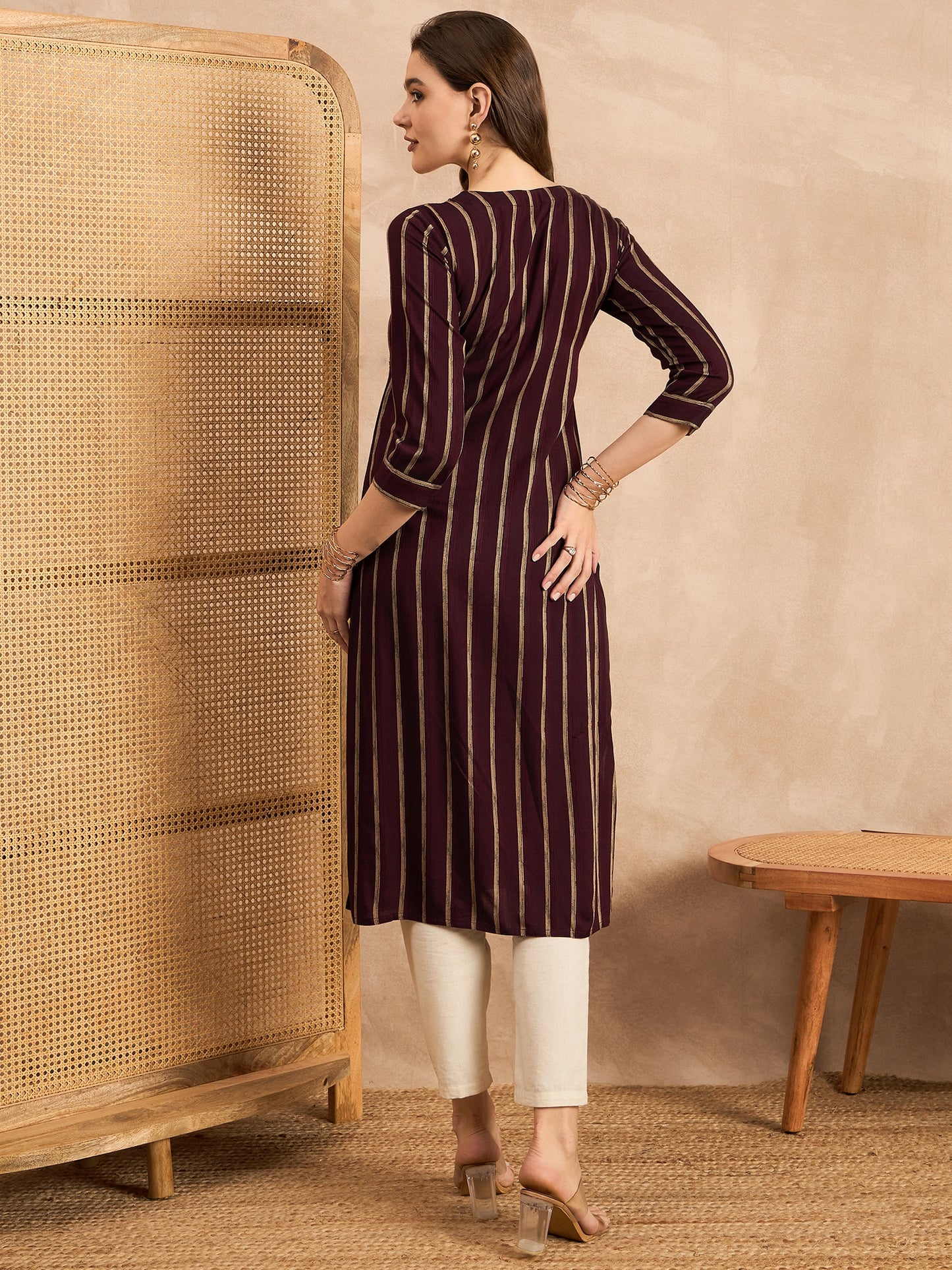 Striped V-Neck Thread Work Straight Kurta