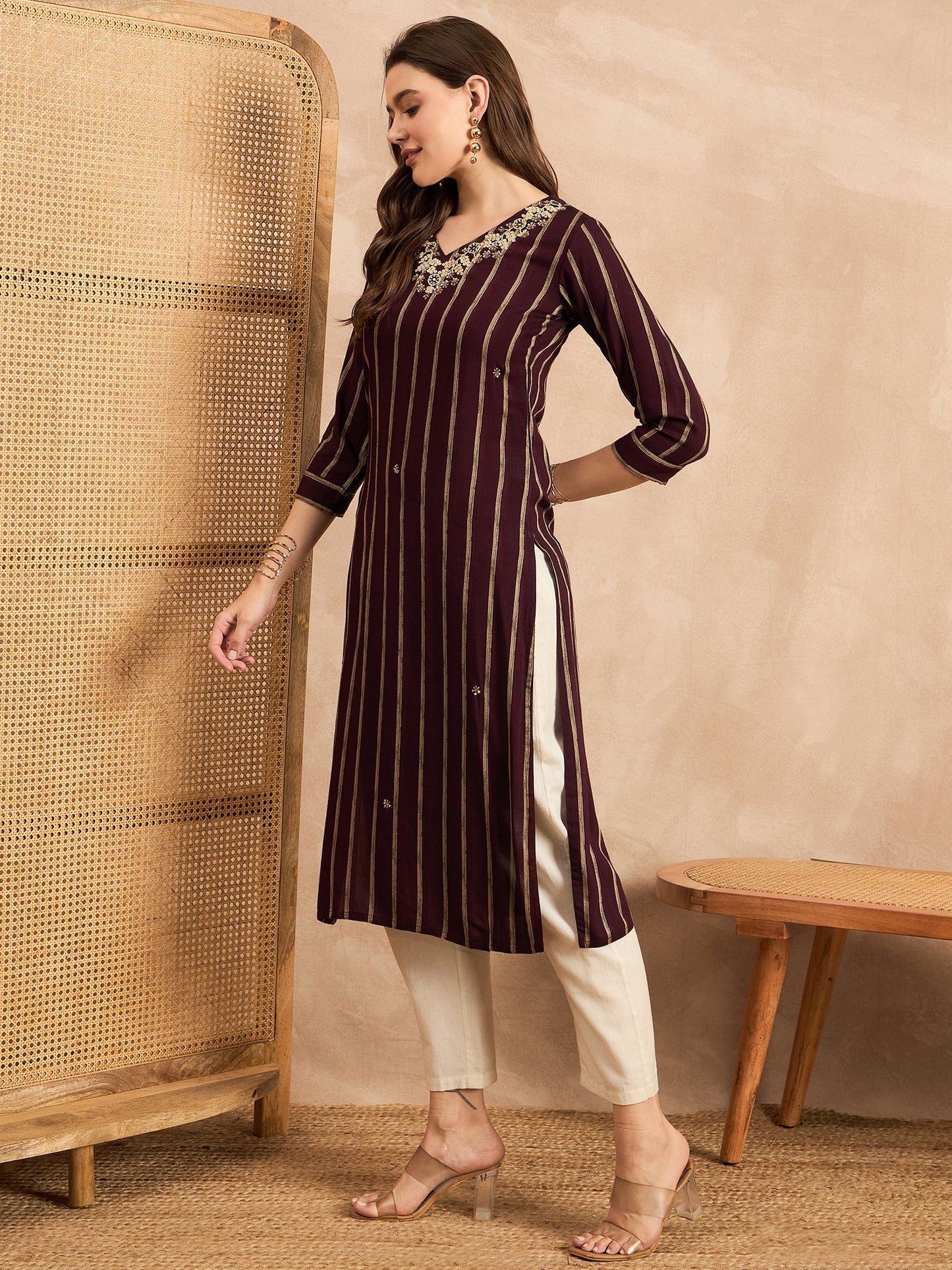 Striped V-Neck Thread Work Straight Kurta