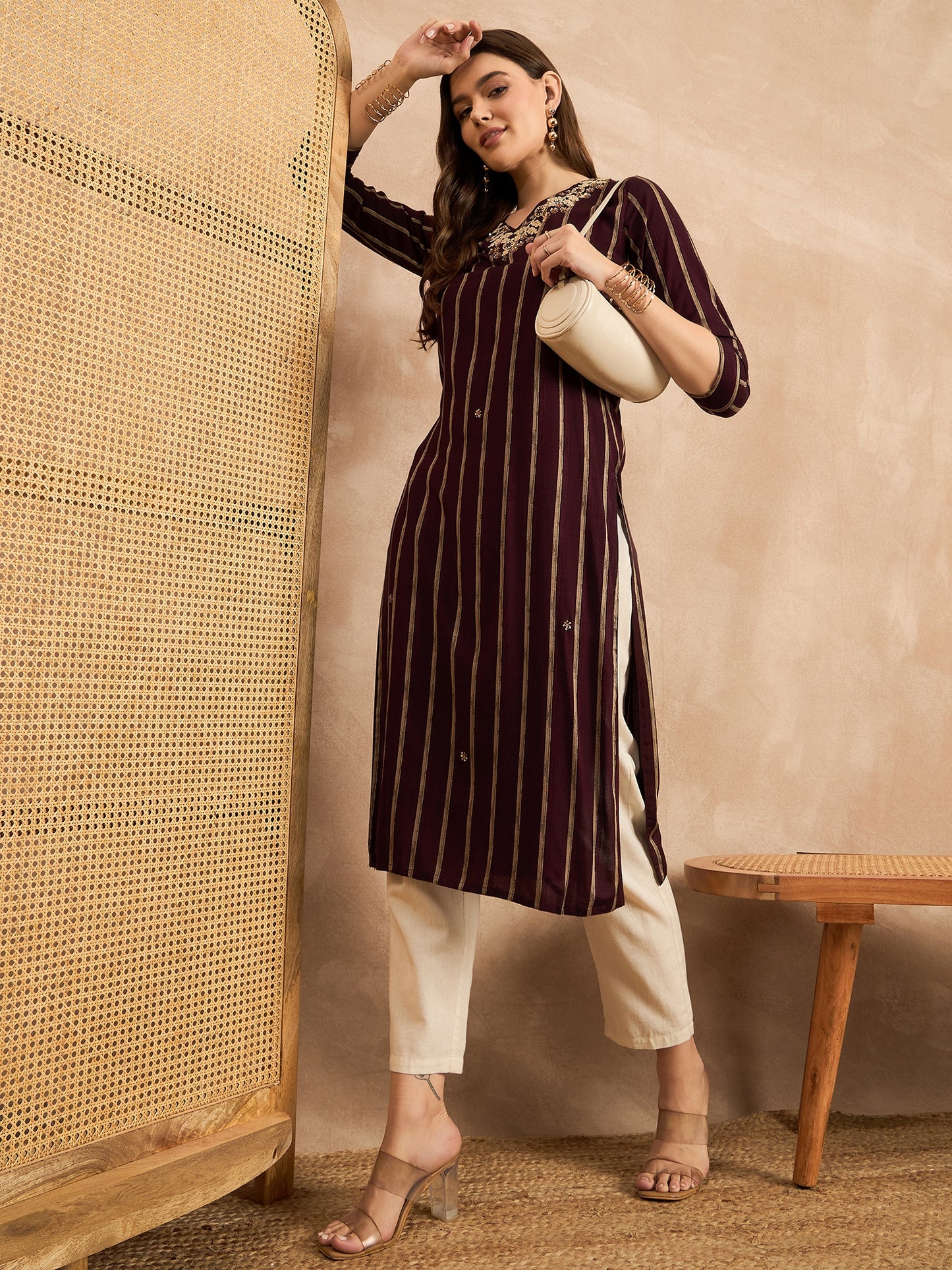Striped V-Neck Thread Work Straight Kurta