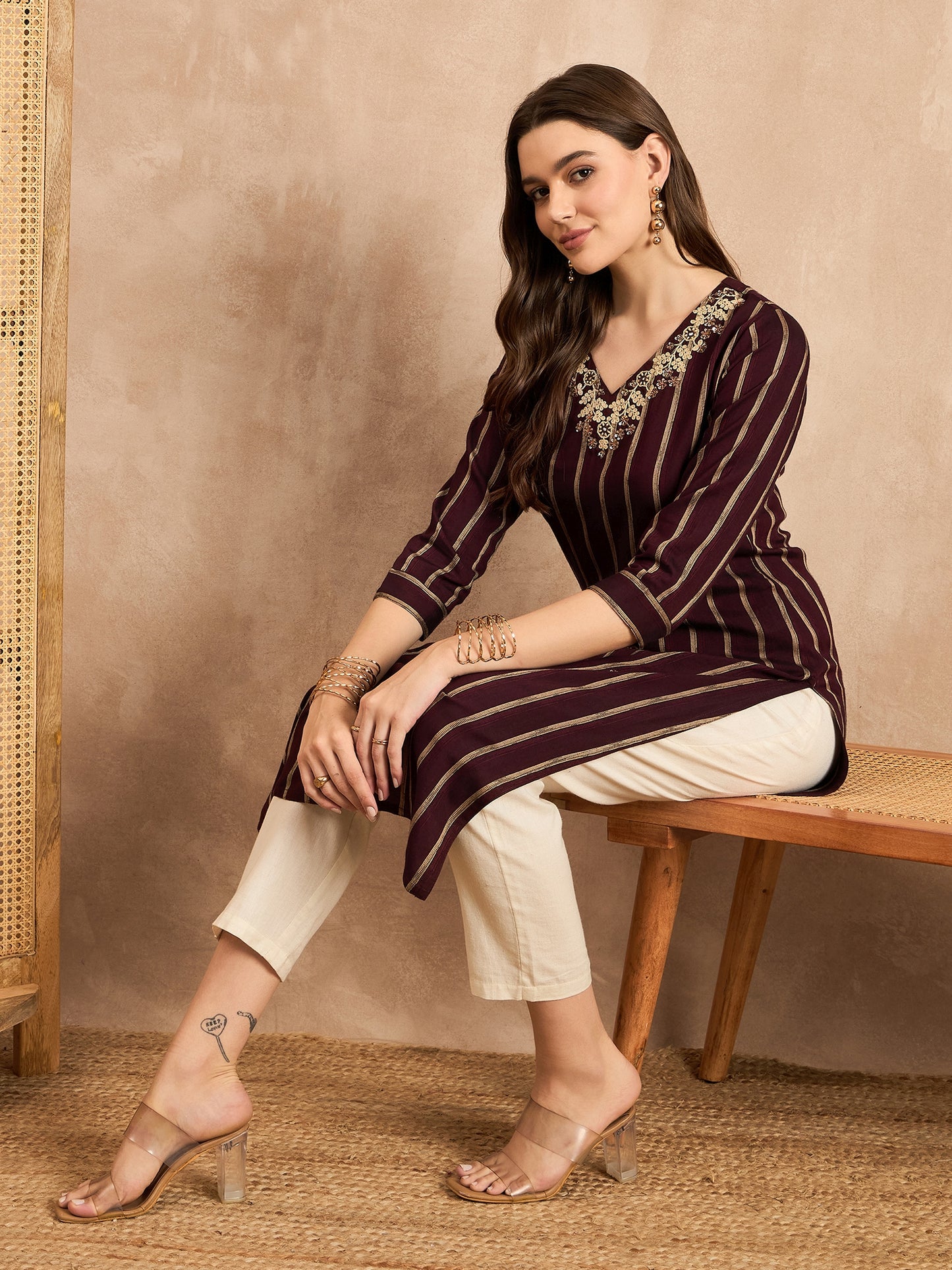 Striped V-Neck Thread Work Straight Kurta