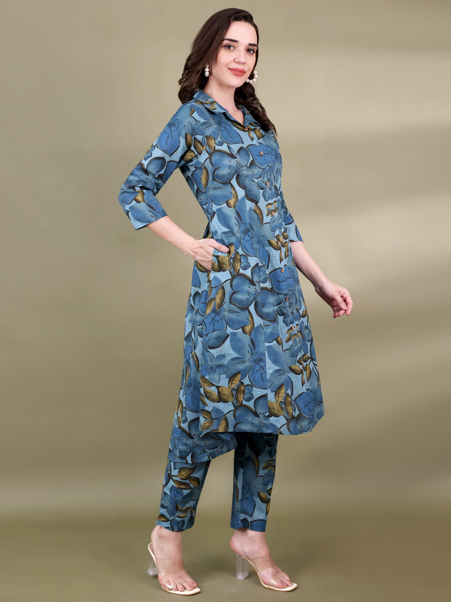 Floral Printed Pure Cotton Tunic With Trouser Co-Ord Set