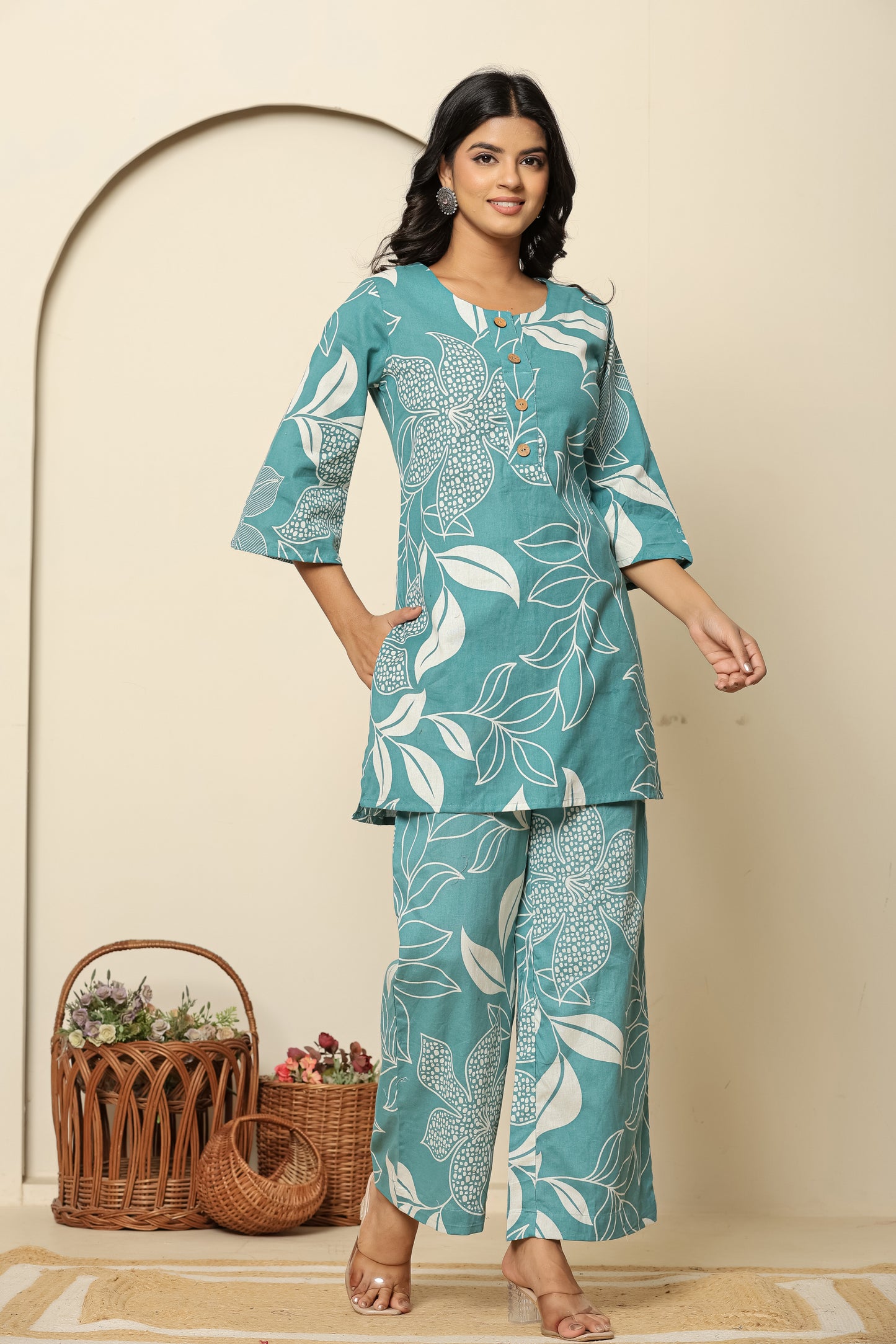 Floral Printed Tunic With Trousers Co-Ords