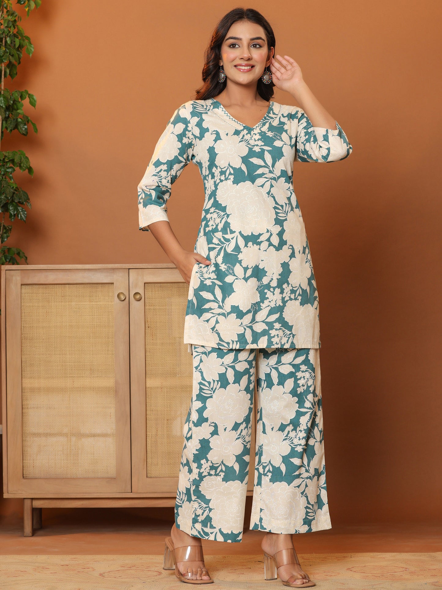 Printed Pure Cotton Tunic with Palazzos