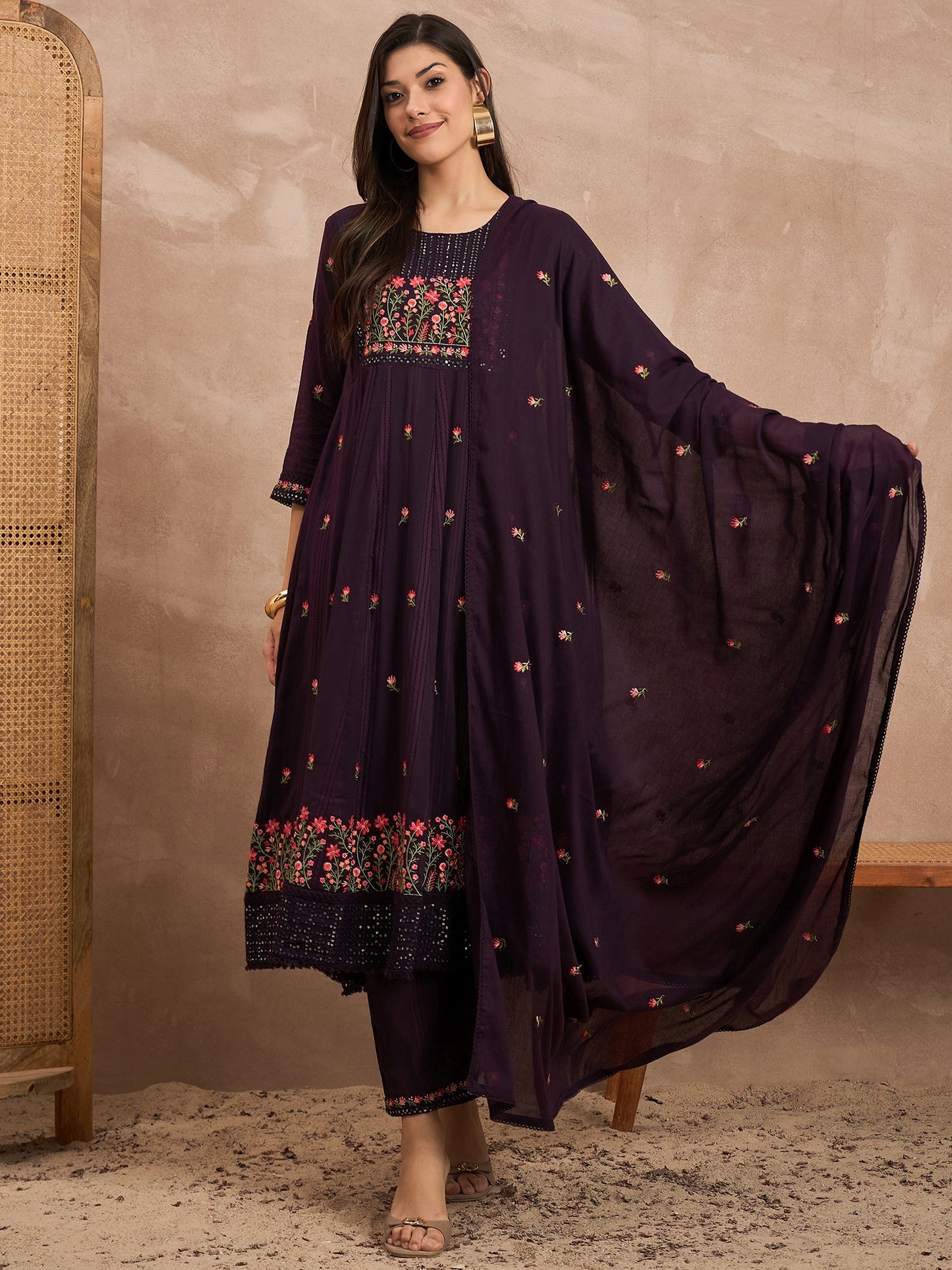 Floral Embroidered Round Neck Pure Cotton Anarkali Kurta with Trouser & Dupatta
