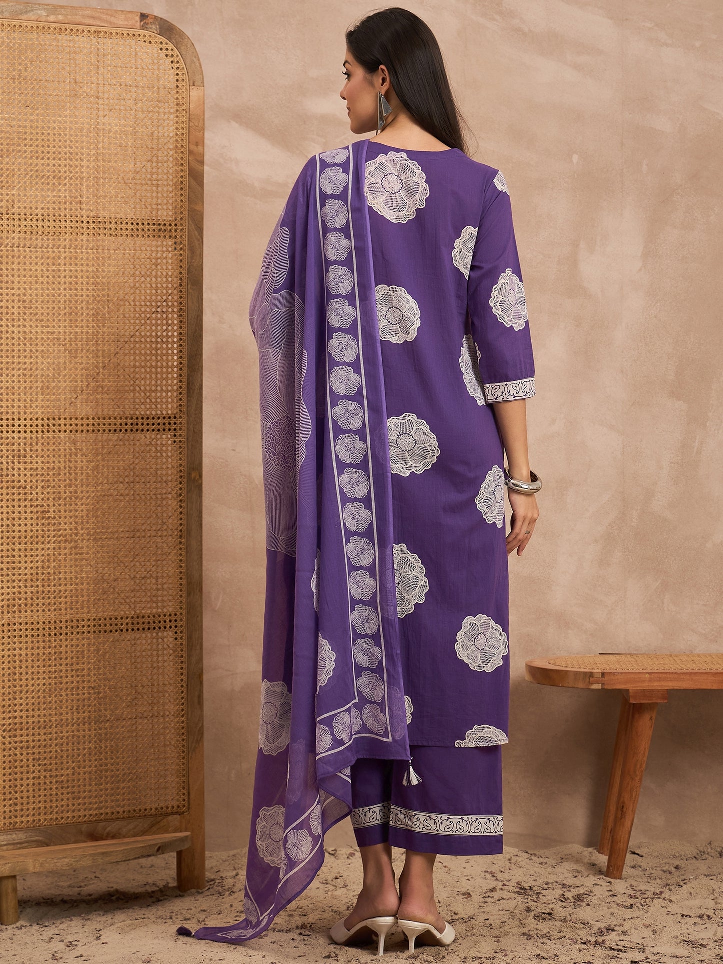 Women Floral Printed Pure Cotton Kurta with Trouser & Dupatta