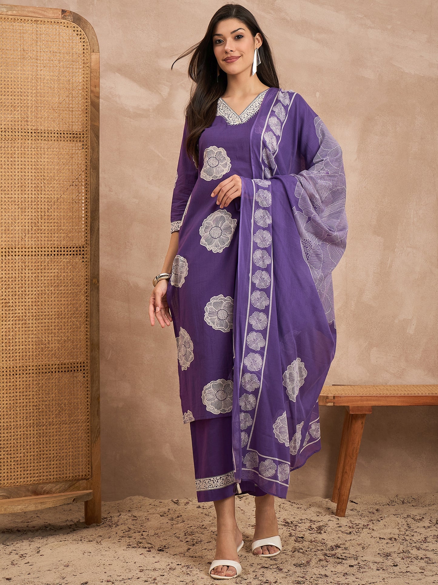 Women Floral Printed Pure Cotton Kurta with Trouser & Dupatta