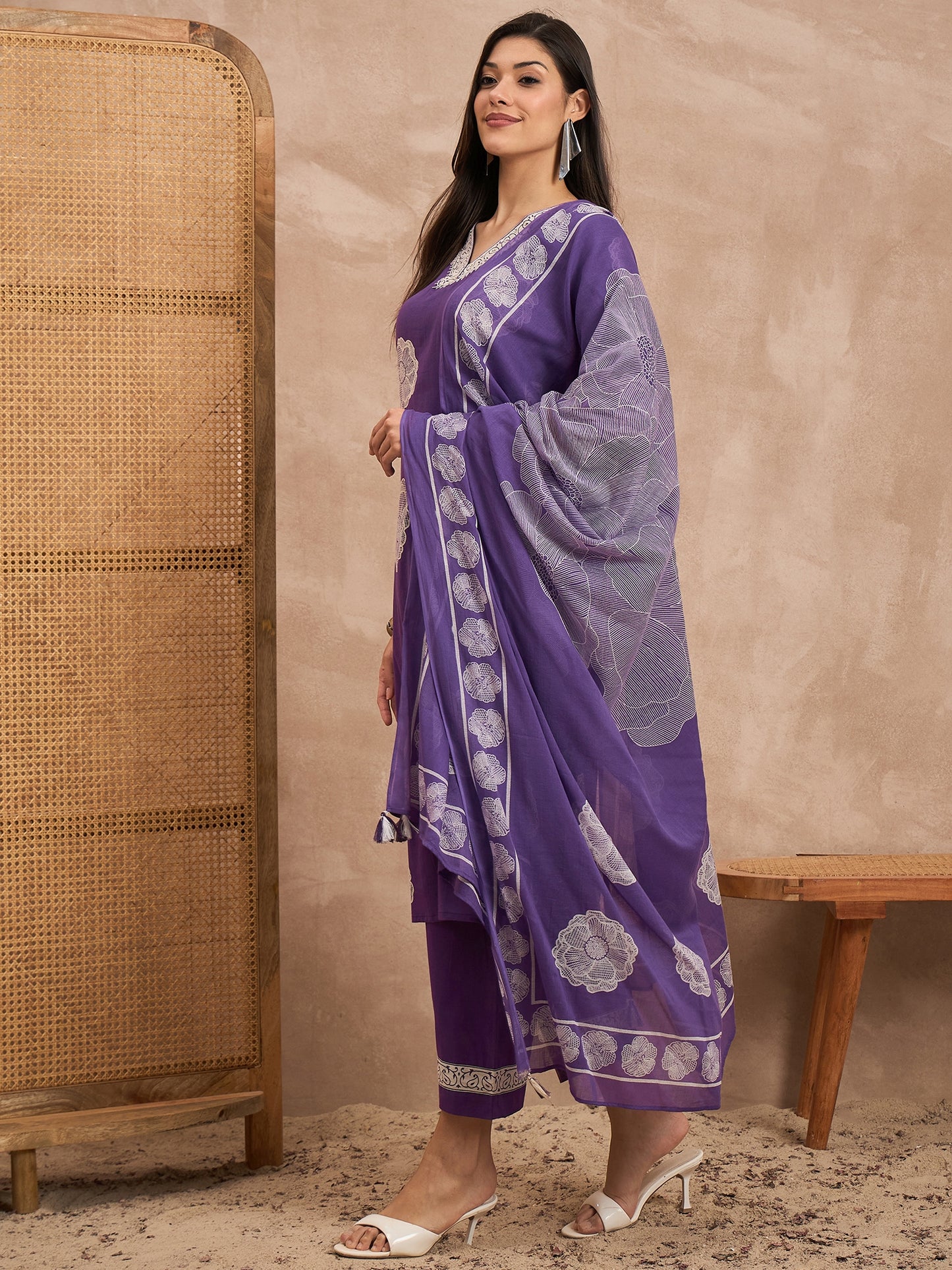 Women Floral Printed Pure Cotton Kurta with Trouser & Dupatta