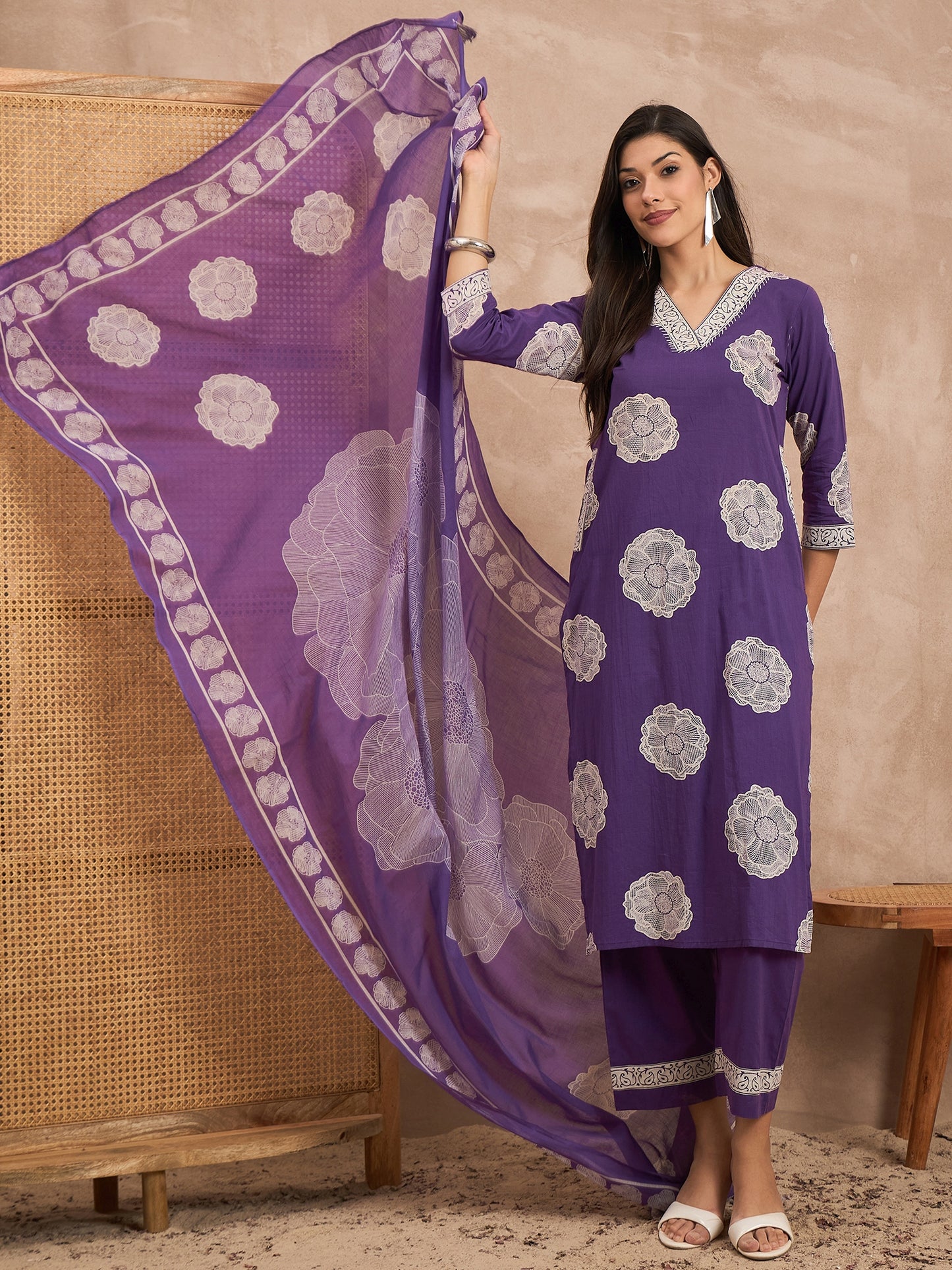 Women Floral Printed Pure Cotton Kurta with Trouser & Dupatta