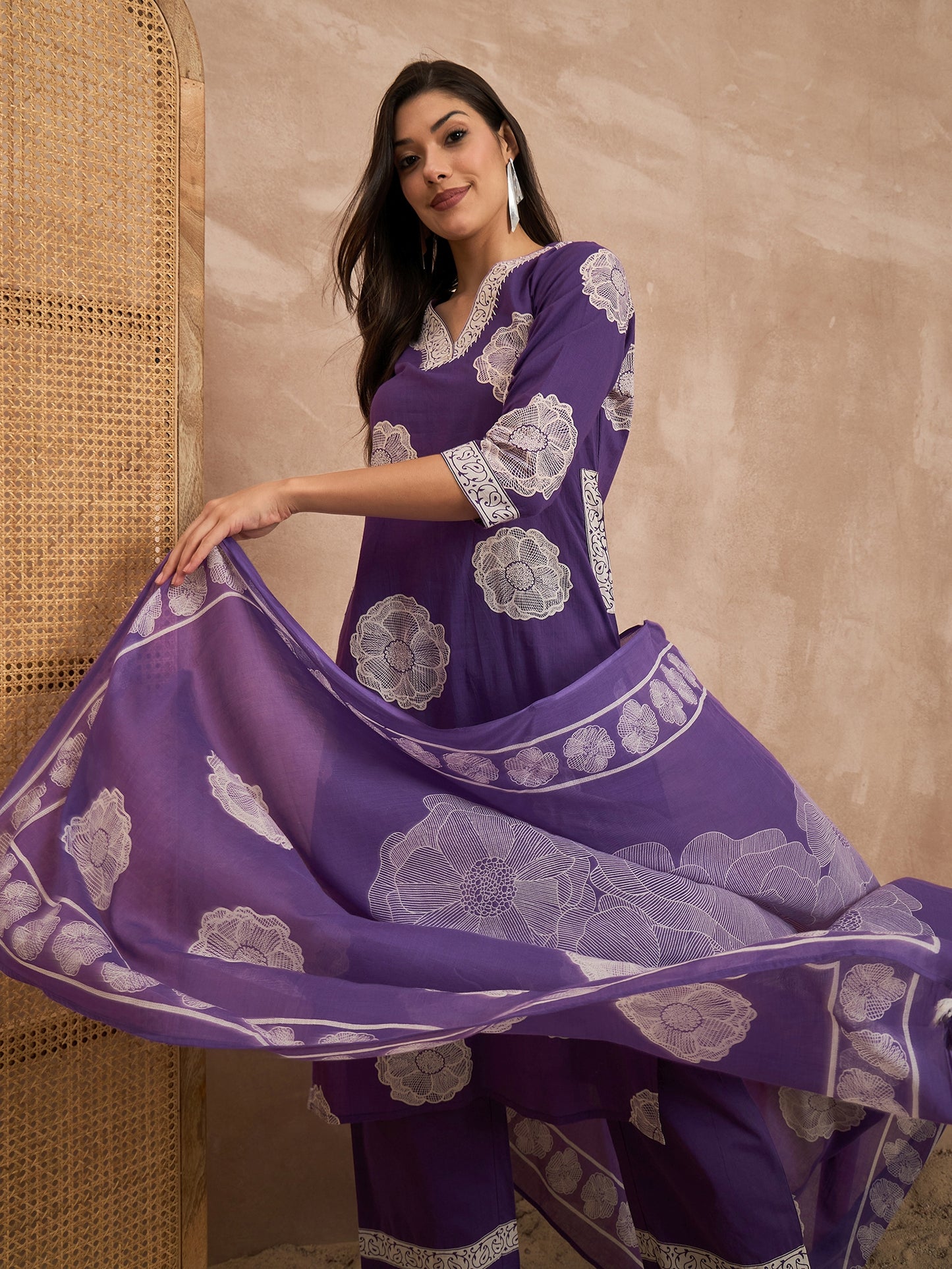 Women Floral Printed Pure Cotton Kurta with Trouser & Dupatta