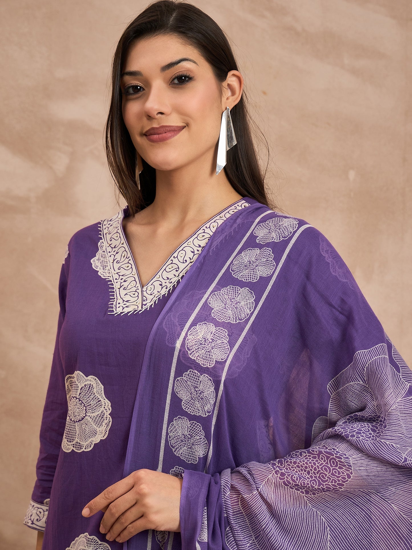 Women Floral Printed Pure Cotton Kurta with Trouser & Dupatta