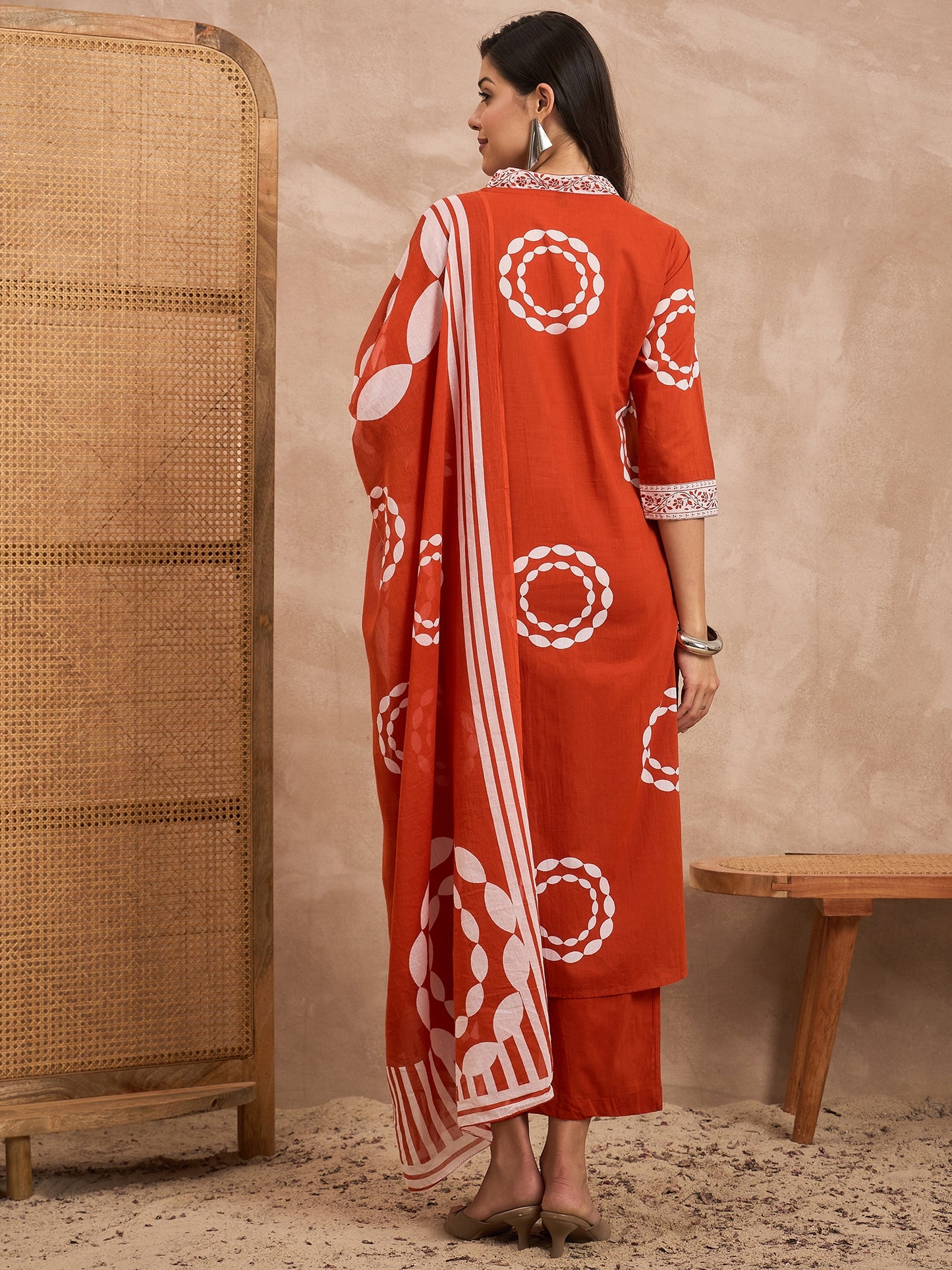 Floral Printed Sequinned Pure Cotton Straight Kurta With Trousers & Dupatta