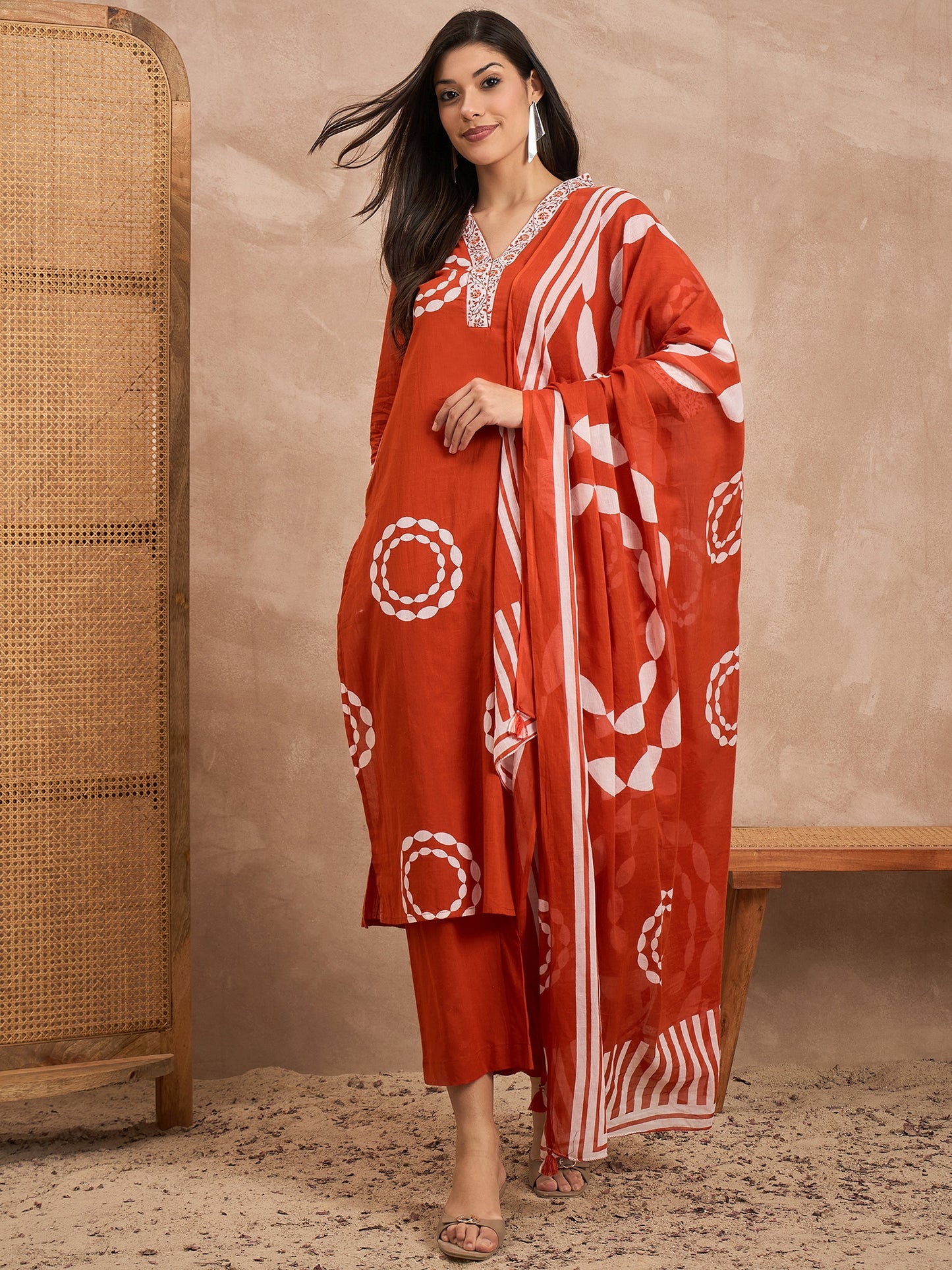 Floral Printed Sequinned Pure Cotton Straight Kurta With Trousers & Dupatta