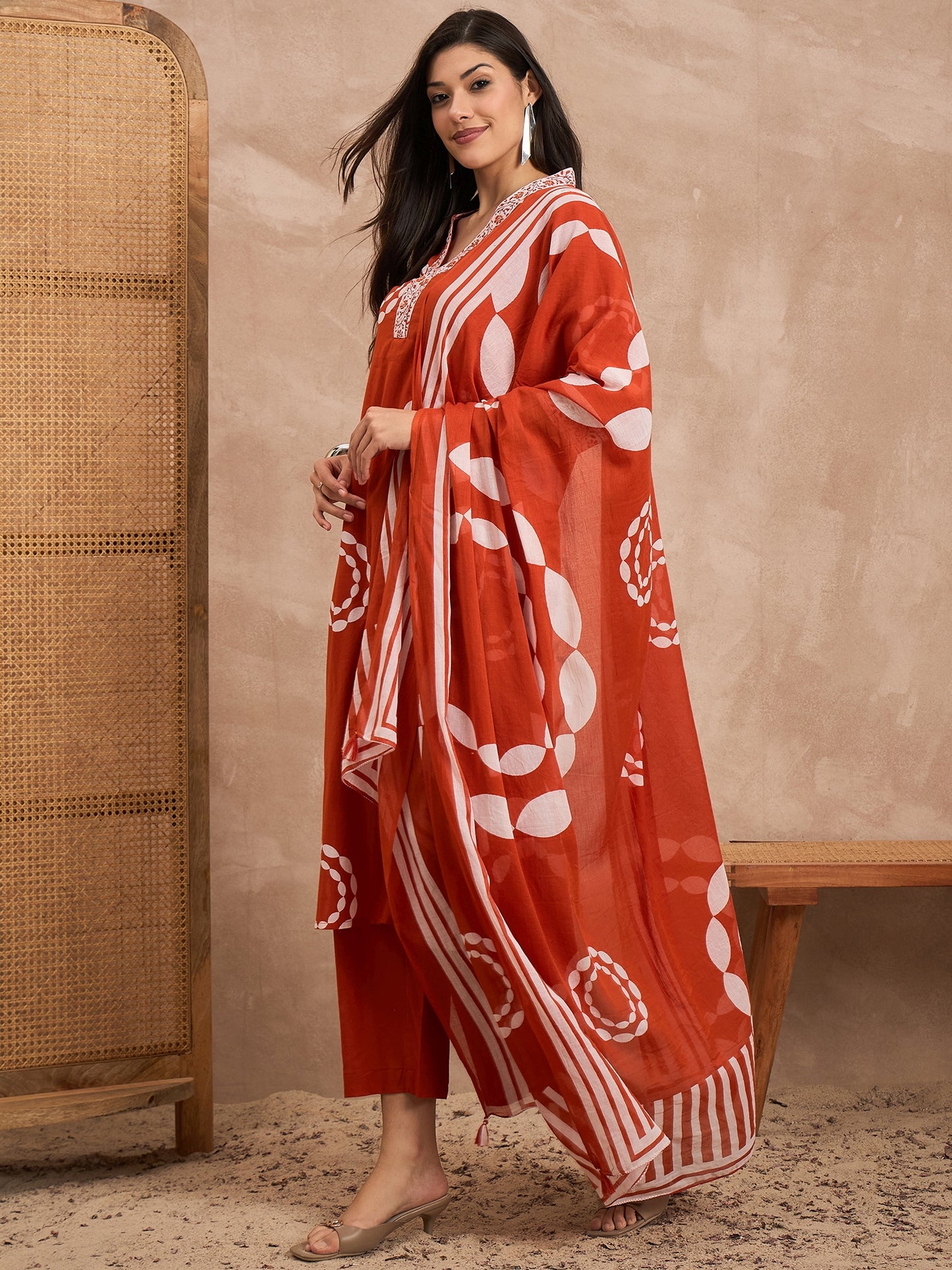 Floral Printed Sequinned Pure Cotton Straight Kurta With Trousers & Dupatta