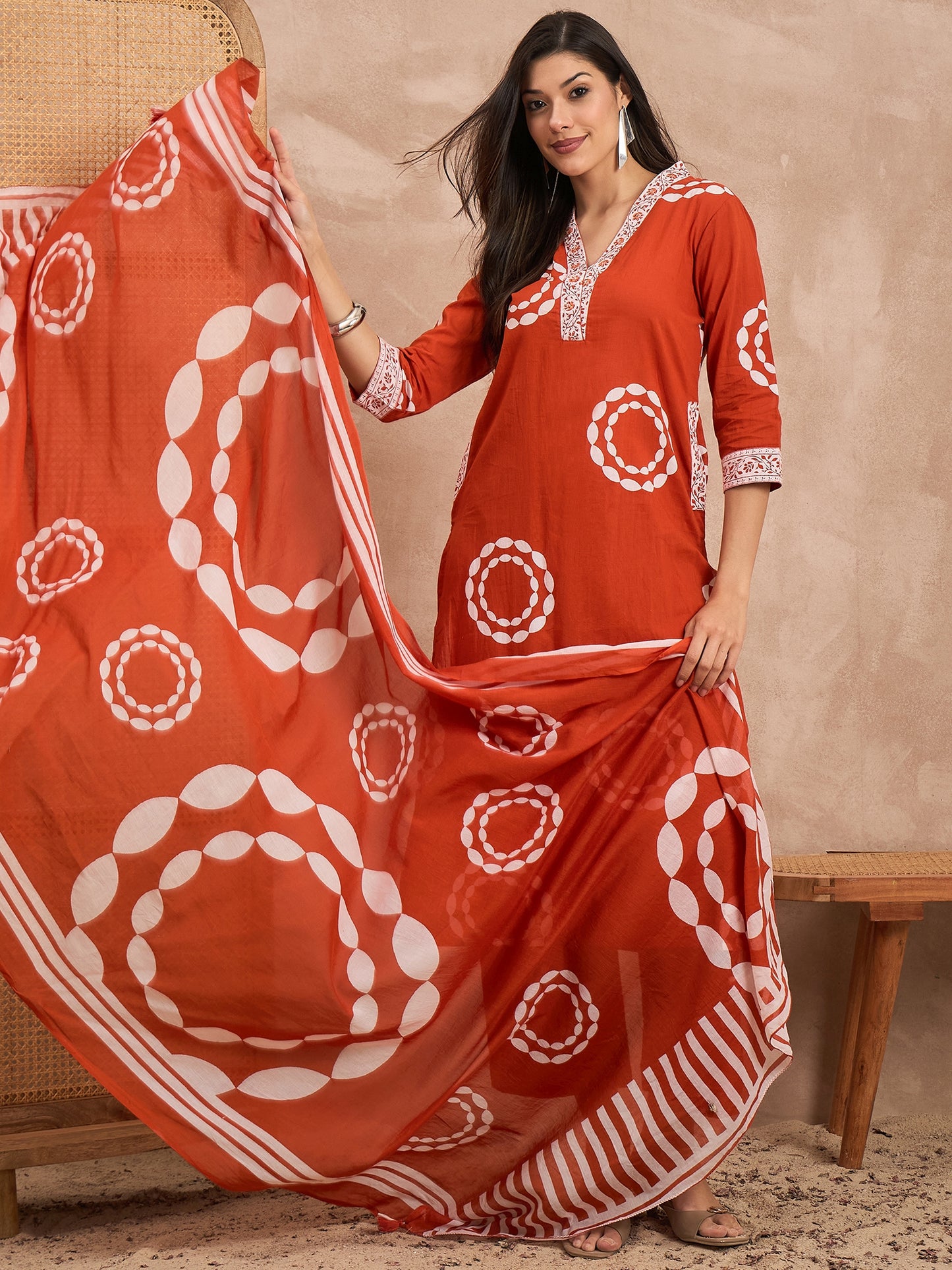 Floral Printed Sequinned Pure Cotton Straight Kurta With Trousers & Dupatta