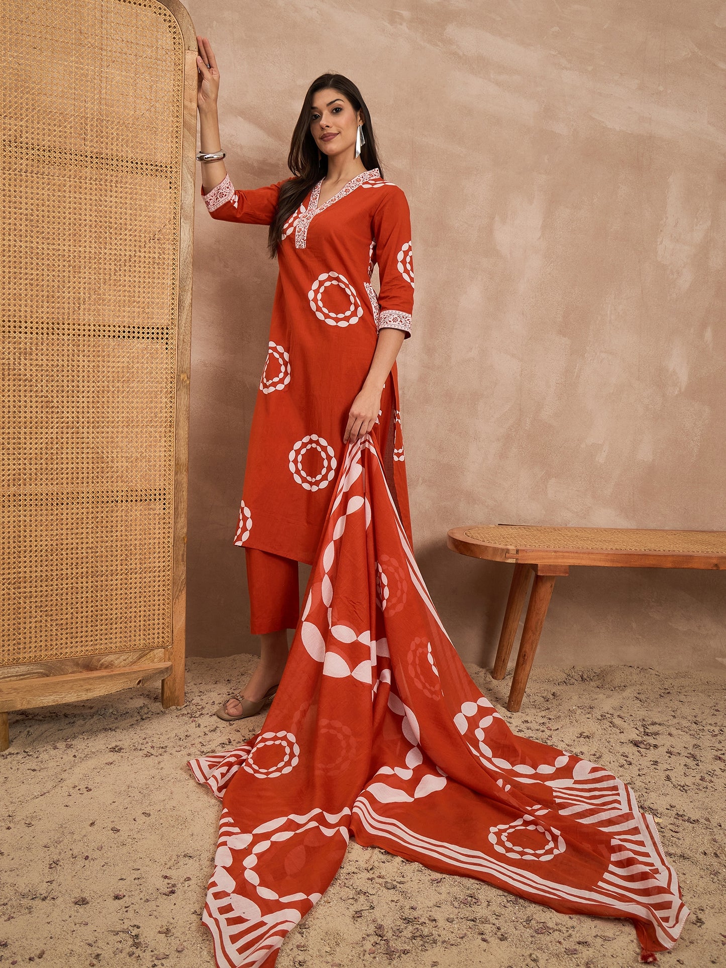 Floral Printed Sequinned Pure Cotton Straight Kurta With Trousers & Dupatta