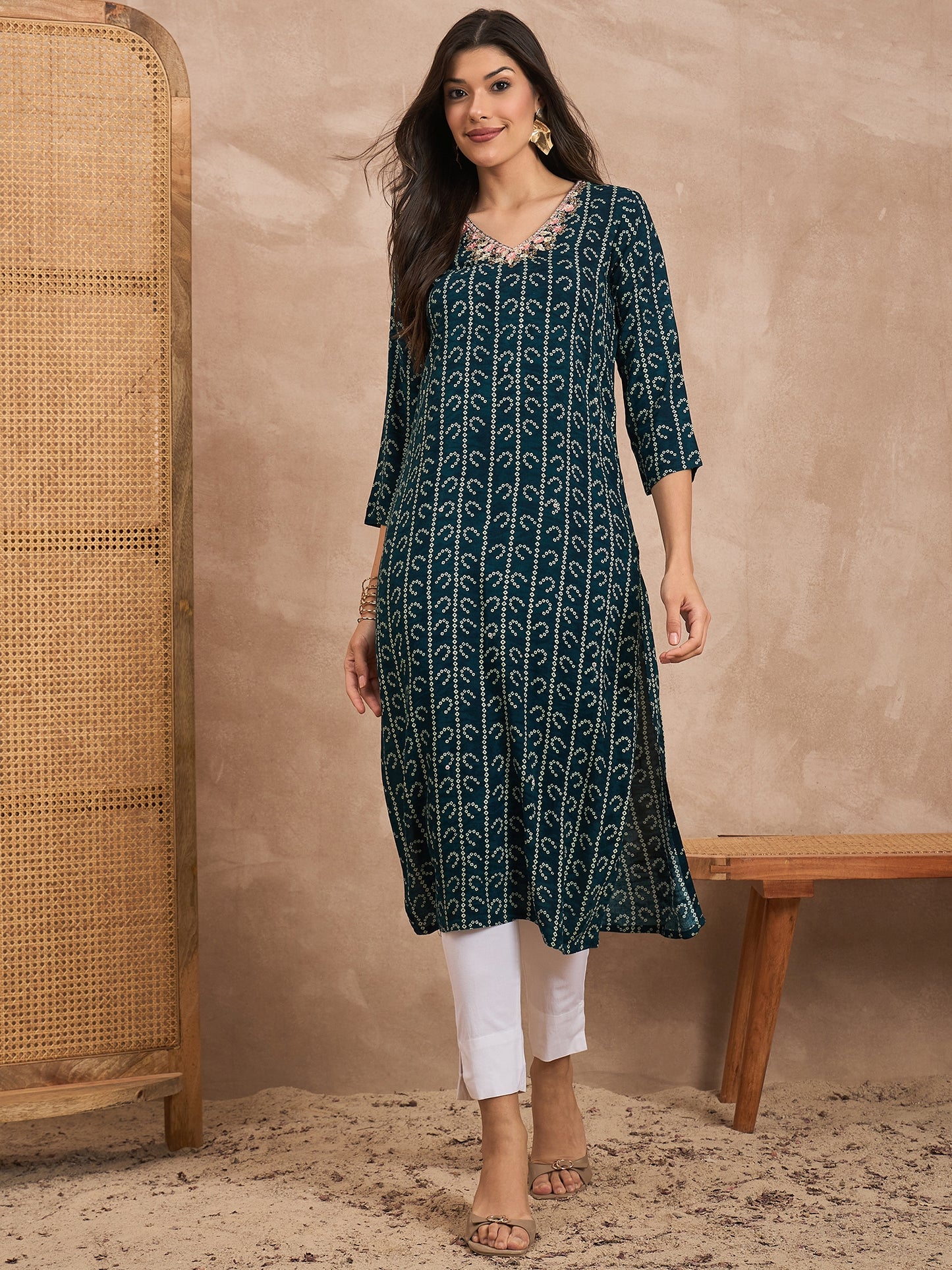 Women Bandhani Printed Straight Kurta
