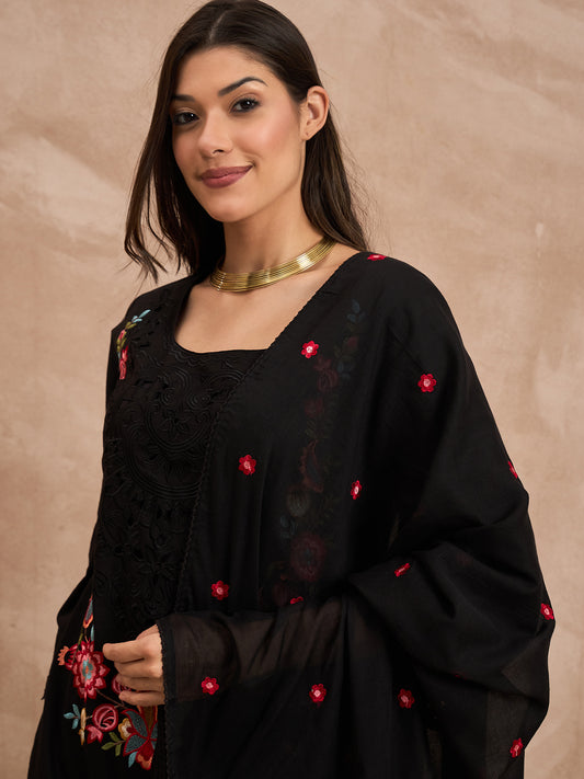 Women Floral Embroidered Thread Work Straight Kurta with Palazzos & Dupatta