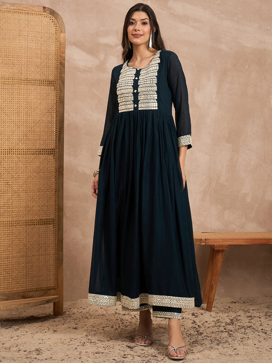 Women Geometric Embroidered Pleated MirrorWork Anarkali Kurta with Trouser & Dupatta
