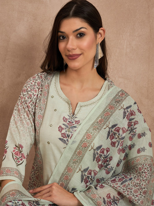 Women Floral Printed Cotton Kurta with Palazzos & Dupatta
