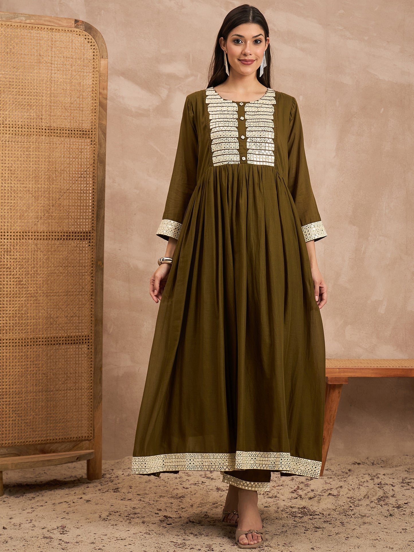 Women Geometric Embroidered Pleated MirrorWork Anarkali Kurta with Trouser & Dupatta
