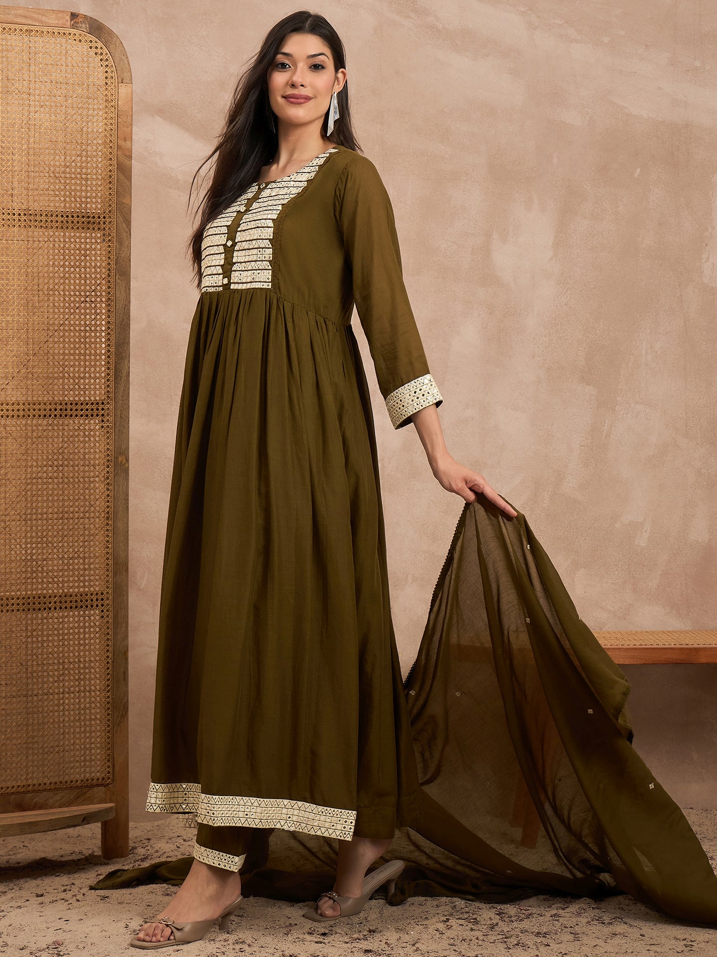 Women Geometric Embroidered Pleated MirrorWork Anarkali Kurta with Trouser & Dupatta