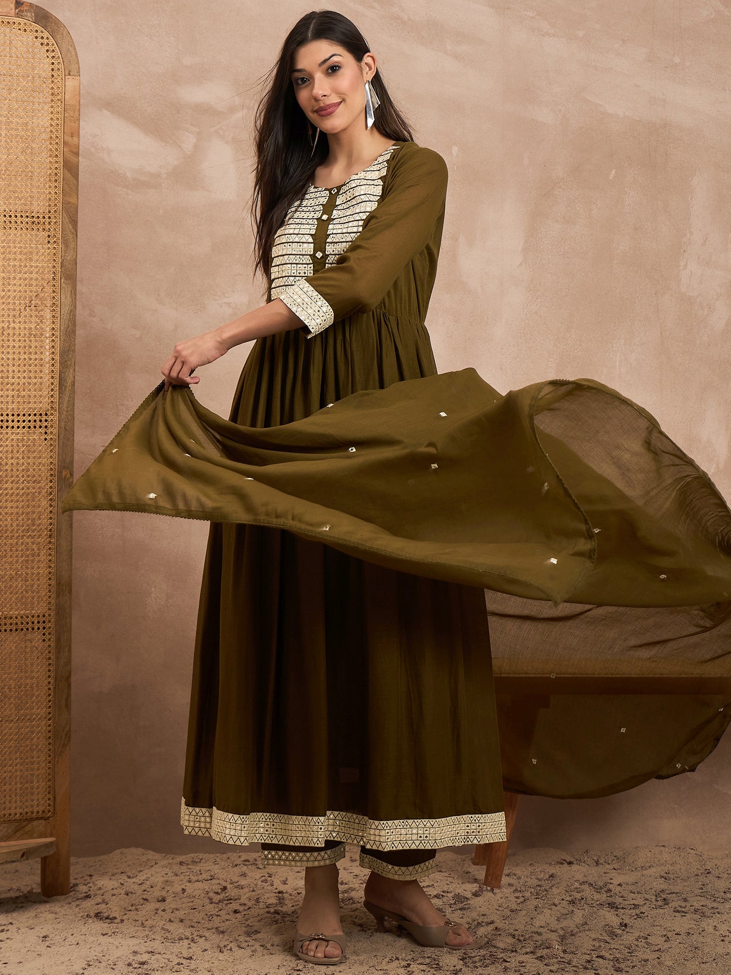 Women Geometric Embroidered Pleated MirrorWork Anarkali Kurta with Trouser & Dupatta