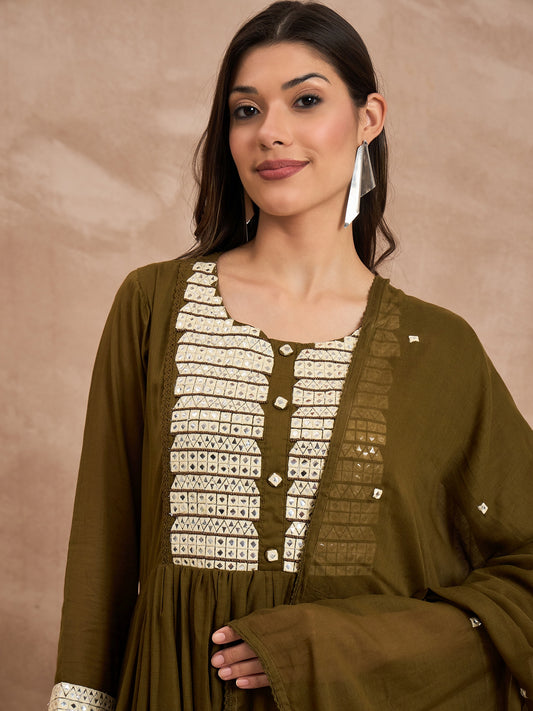 Women Geometric Embroidered Pleated MirrorWork Anarkali Kurta with Trouser & Dupatta