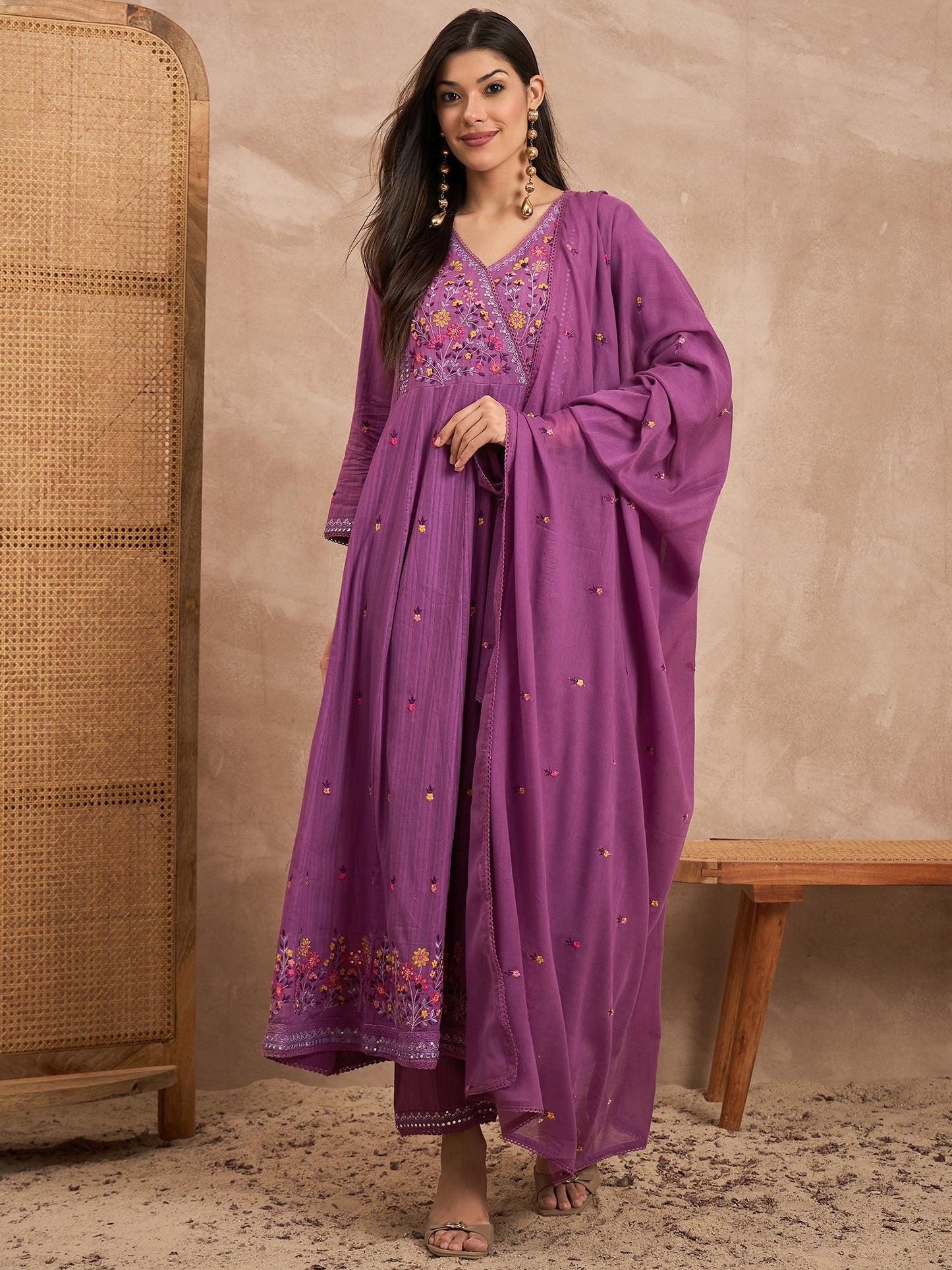 Women Floral Embroidered Sequinned Pure Cotton Kurta with Trousers & Dupatta