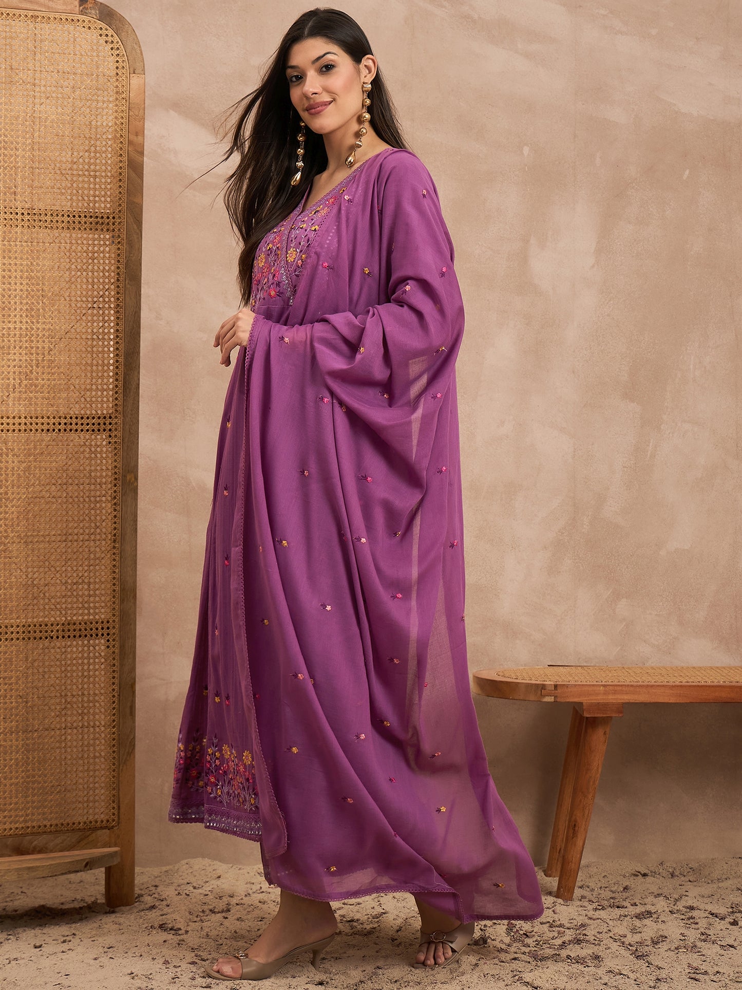 Women Floral Embroidered Sequinned Pure Cotton Kurta with Trousers & Dupatta