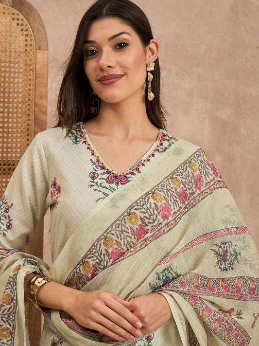 Women Floral Printed Cotton Kurta with Palazzos & Dupatta