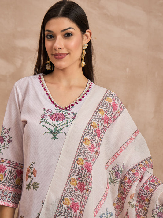 Women Floral Printed Cotton Kurta with Palazzos & Dupatta