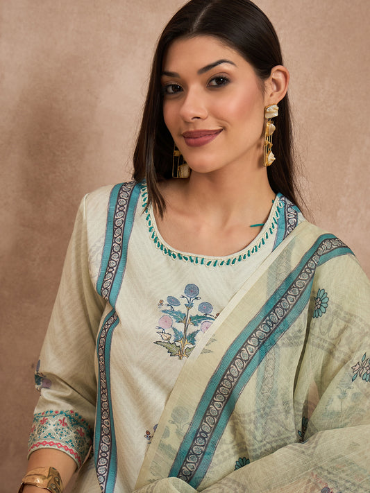 Women Floral Printed Cotton Kurta with Trousers & Dupatta