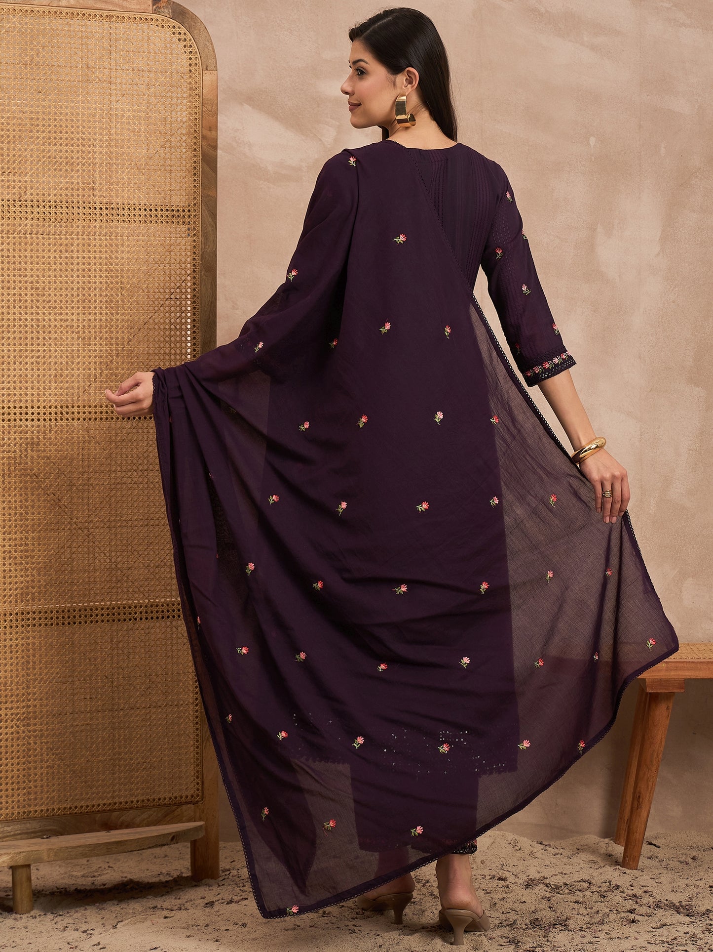 Floral Embroidered Round Neck Pure Cotton Anarkali Kurta with Trouser & Dupatta