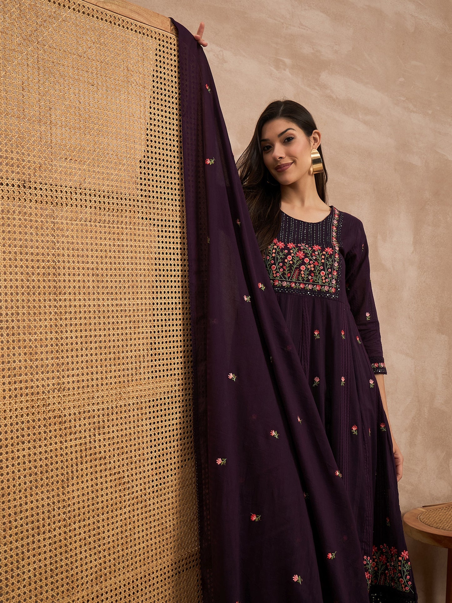 Floral Embroidered Round Neck Pure Cotton Anarkali Kurta with Trouser & Dupatta