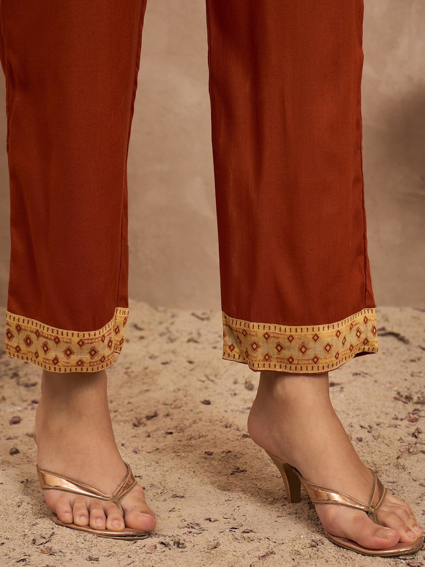 Women Mustard Raw Silk Printed High Slit Kurti Set With Trousers & Dupatta