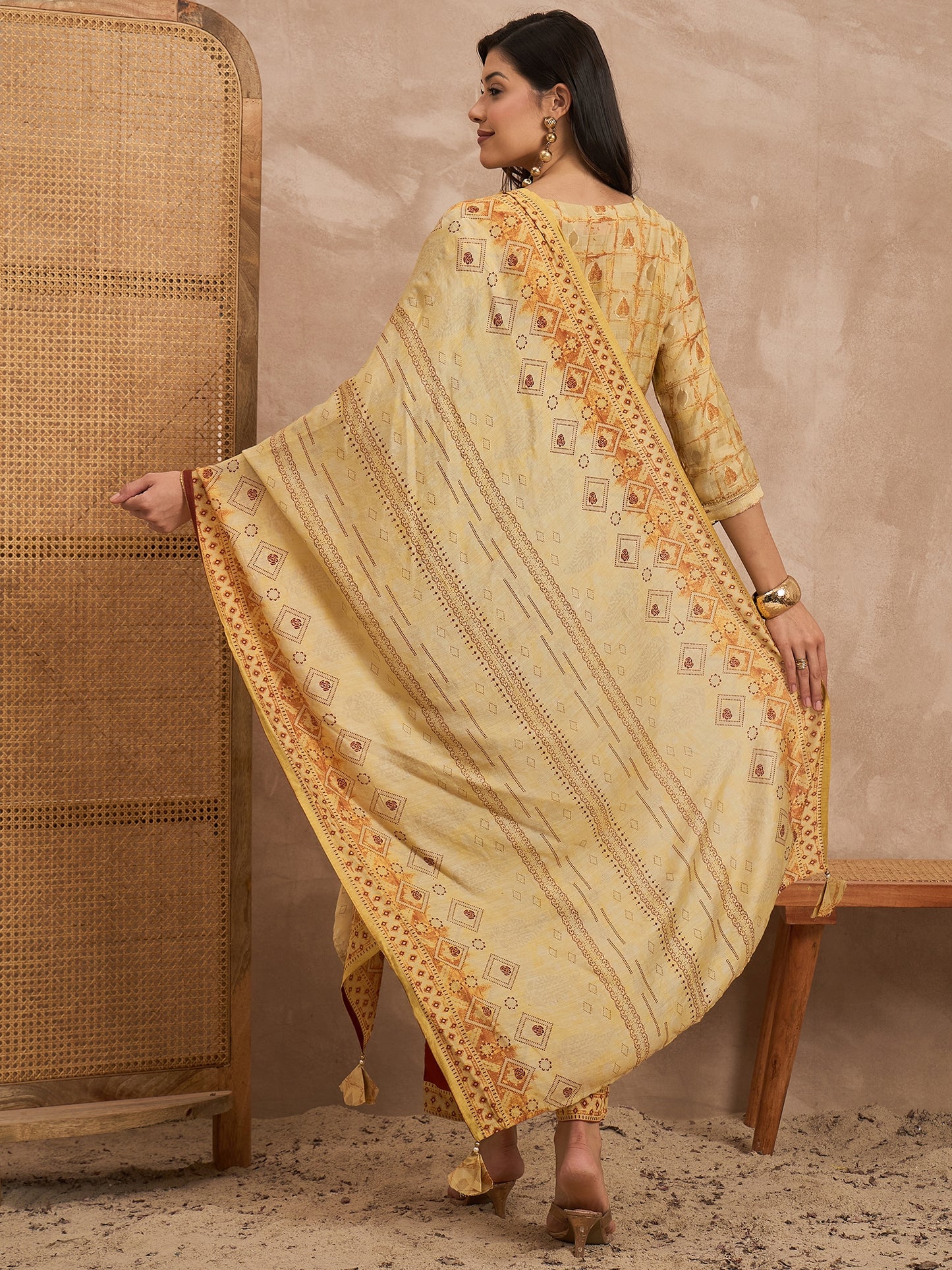 Women Mustard Raw Silk Printed High Slit Kurti Set With Trousers & Dupatta
