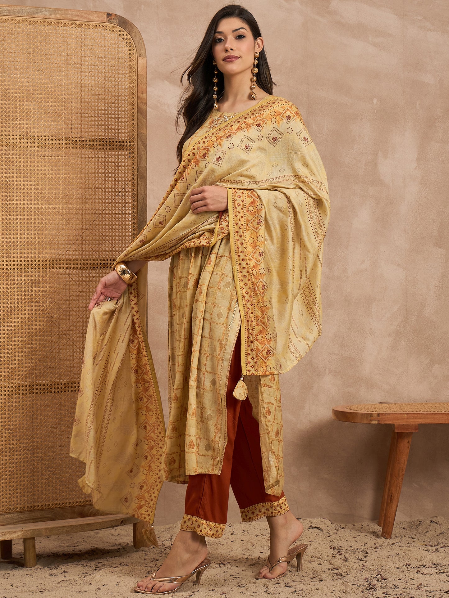 Women Mustard Raw Silk Printed High Slit Kurti Set With Trousers & Dupatta