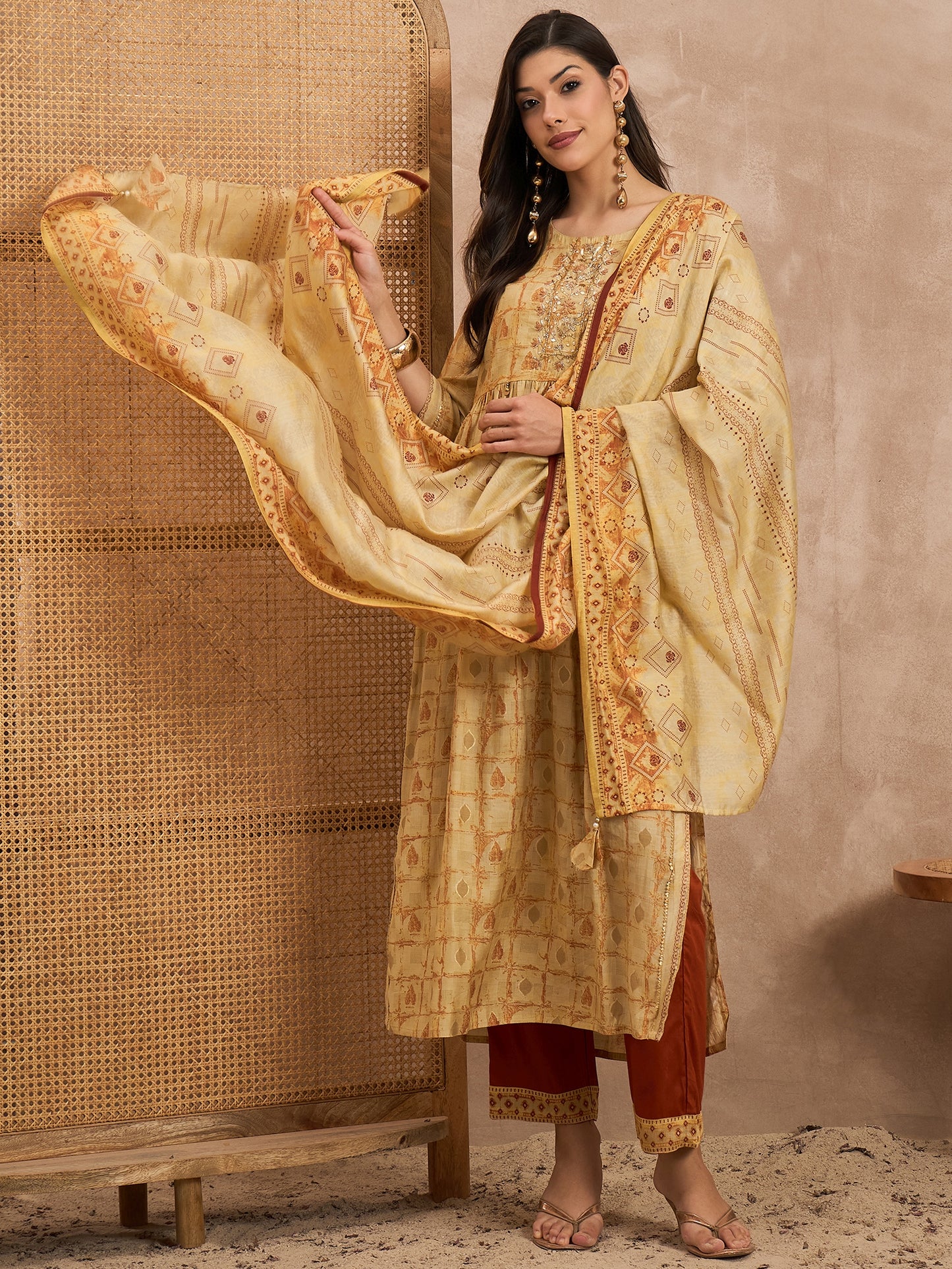 Women Mustard Raw Silk Printed High Slit Kurti Set With Trousers & Dupatta