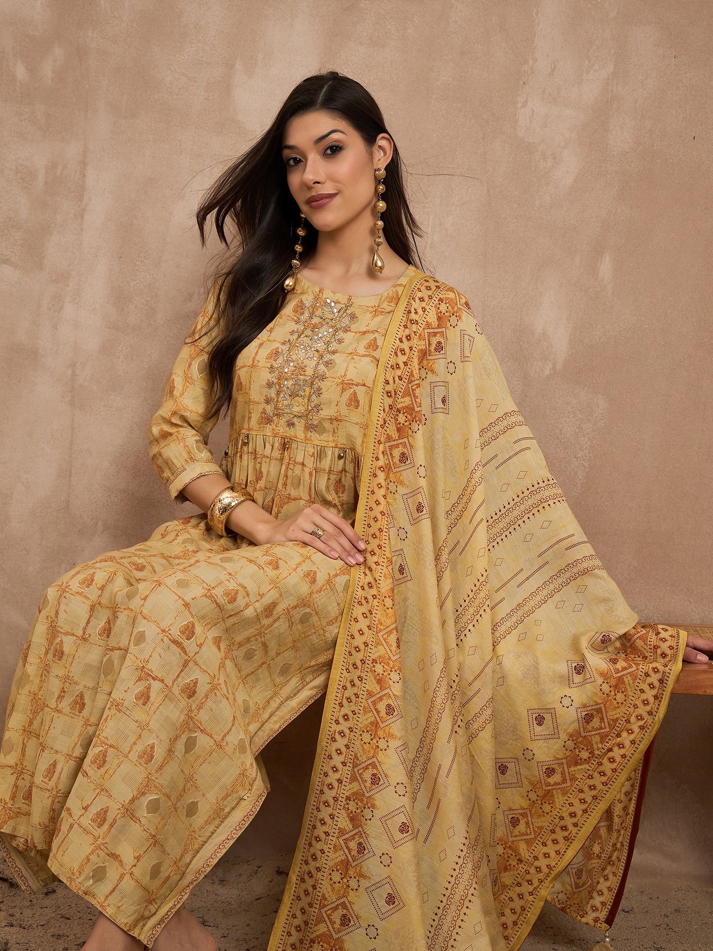 Women Mustard Raw Silk Printed High Slit Kurti Set With Trousers & Dupatta
