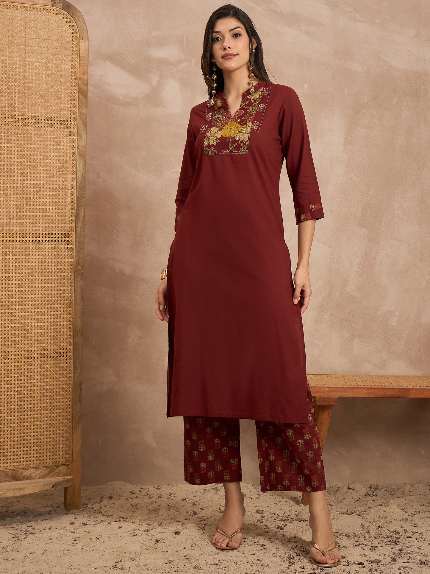 Women Floral Yoke Design Sequinned Pure Cotton Kurta with Trousers & Dupatta