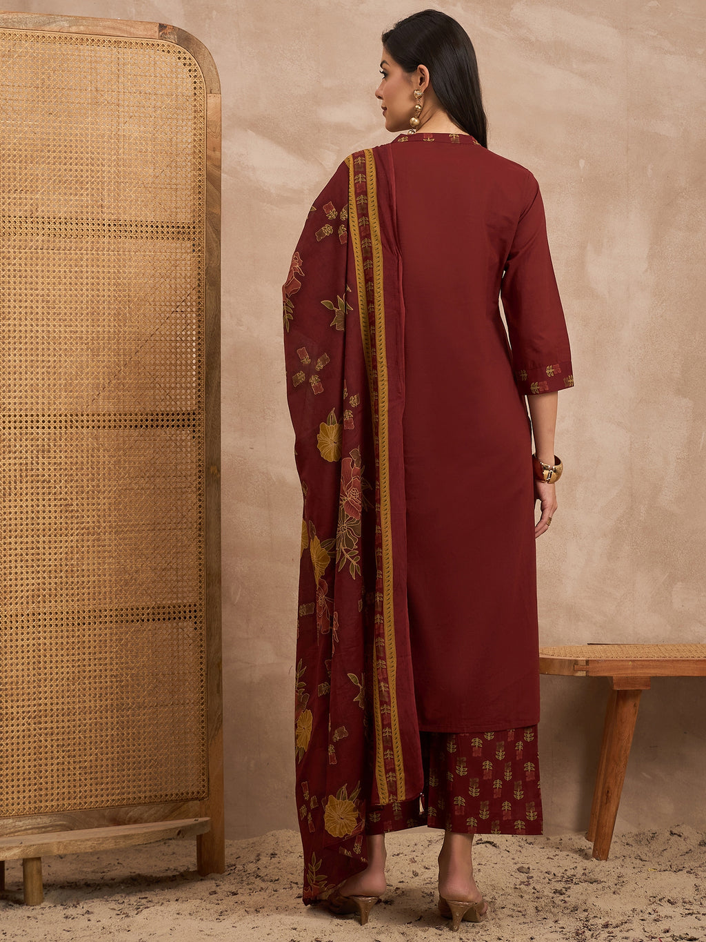 Women Floral Yoke Design Sequinned Pure Cotton Kurta with Trousers & Dupatta